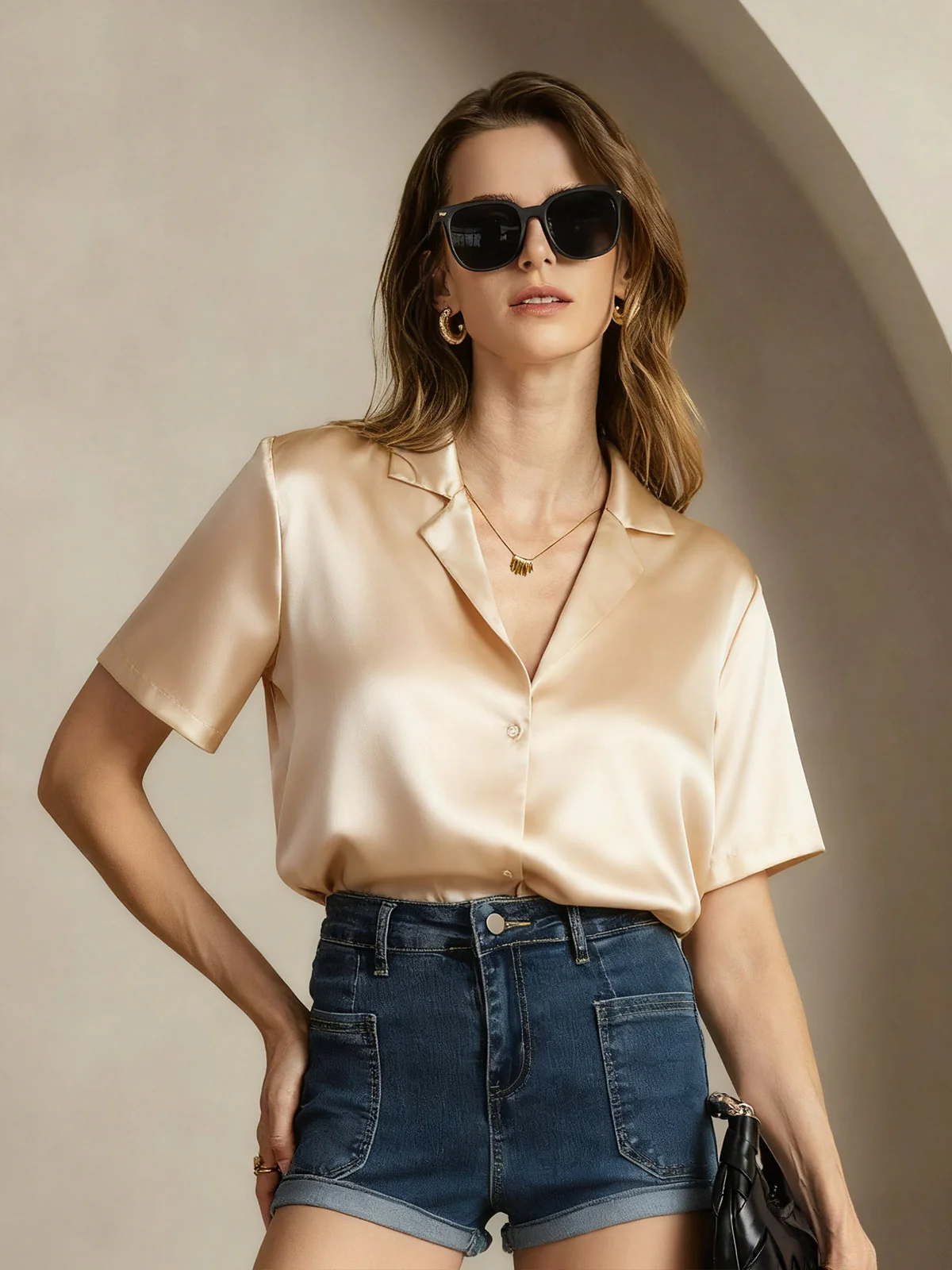 19Momme Silk Short Sleeve Notched Lapel Women's Shirt with Button Up Design - Image 19