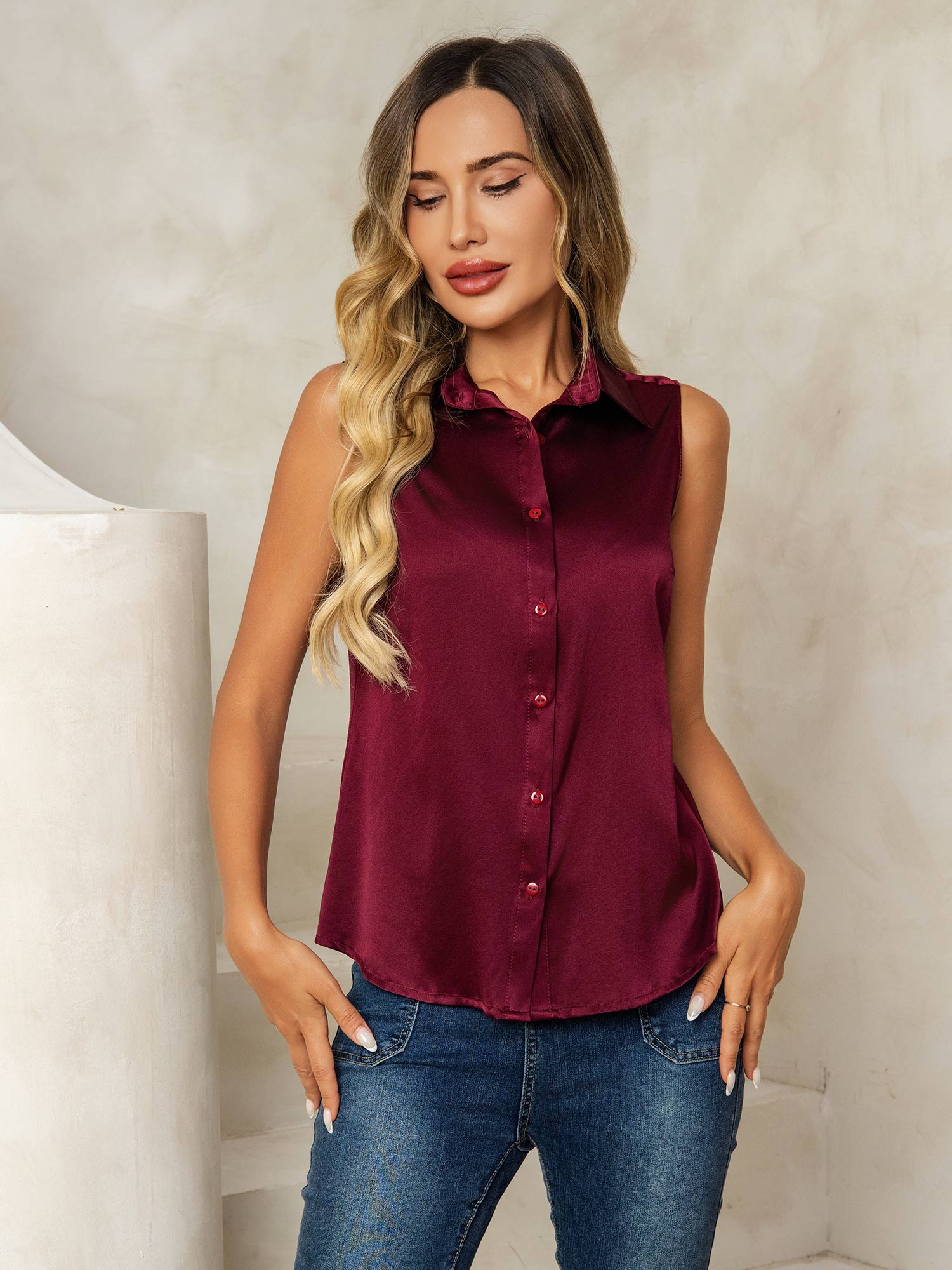 19Momme Silk Sleeveless Lapel Collar Women's Shirt with Button Up Design - Image 11