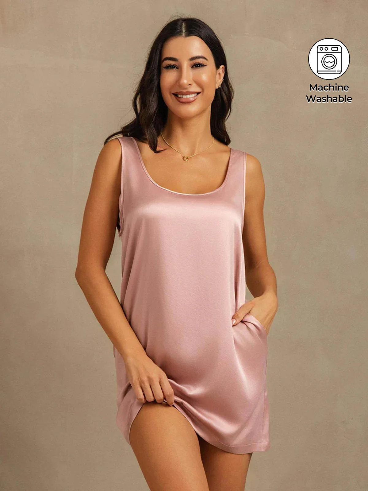 19Momme Washable Silk Sleeveless U Neck Short Nightgown with Side Pocket Design - Image 17