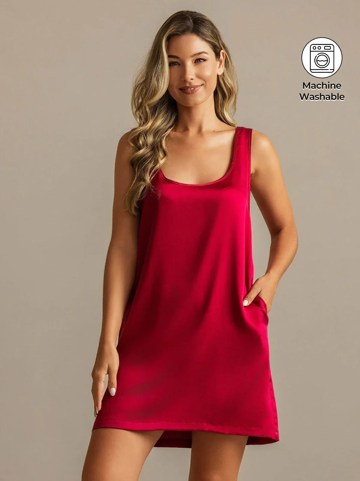 19Momme Washable Silk Sleeveless U Neck Short Nightgown with Side Pocket Design - Image 9
