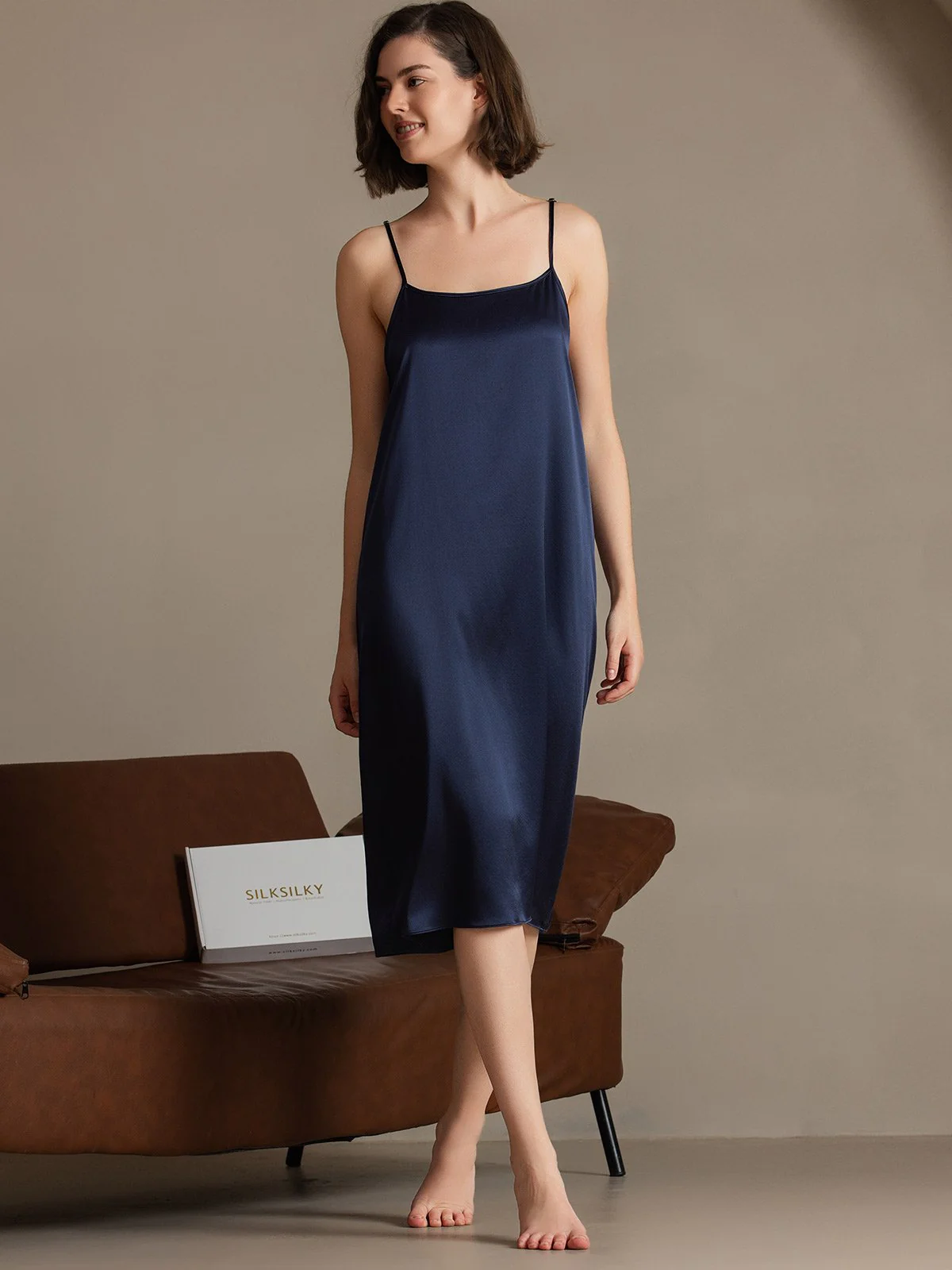 Clearance(US Warehouse) - 19Momme Silk Spaghetti Strap Square Neck Knee Dress - Image 7