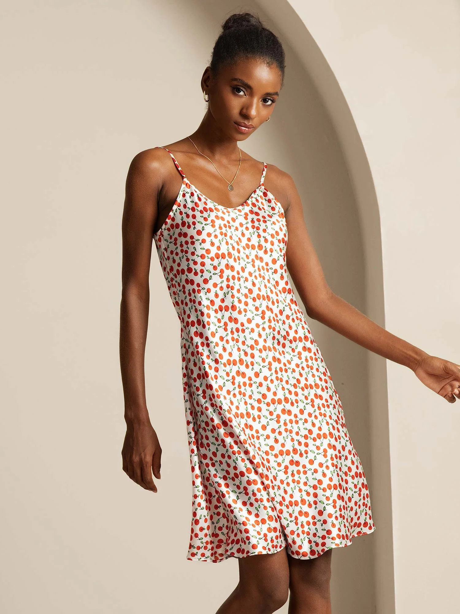 Silk Spaghetti Strap Cherry Print Short Dress - Image 5