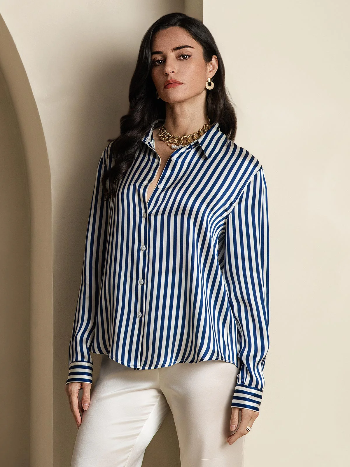 19Momme Silk Stripe Print Long Sleeve Lapel Collar Women's Shirt - Image 11