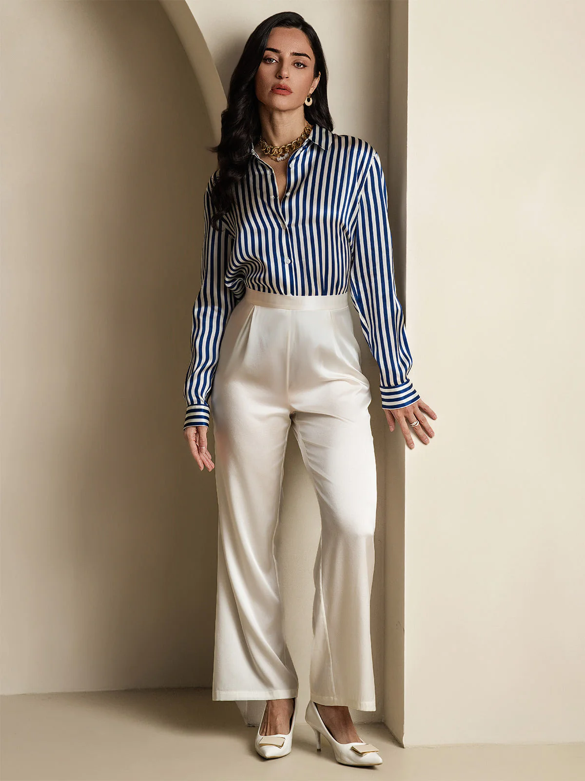 19Momme Silk Stripe Print Long Sleeve Lapel Collar Women's Shirt - Image 14