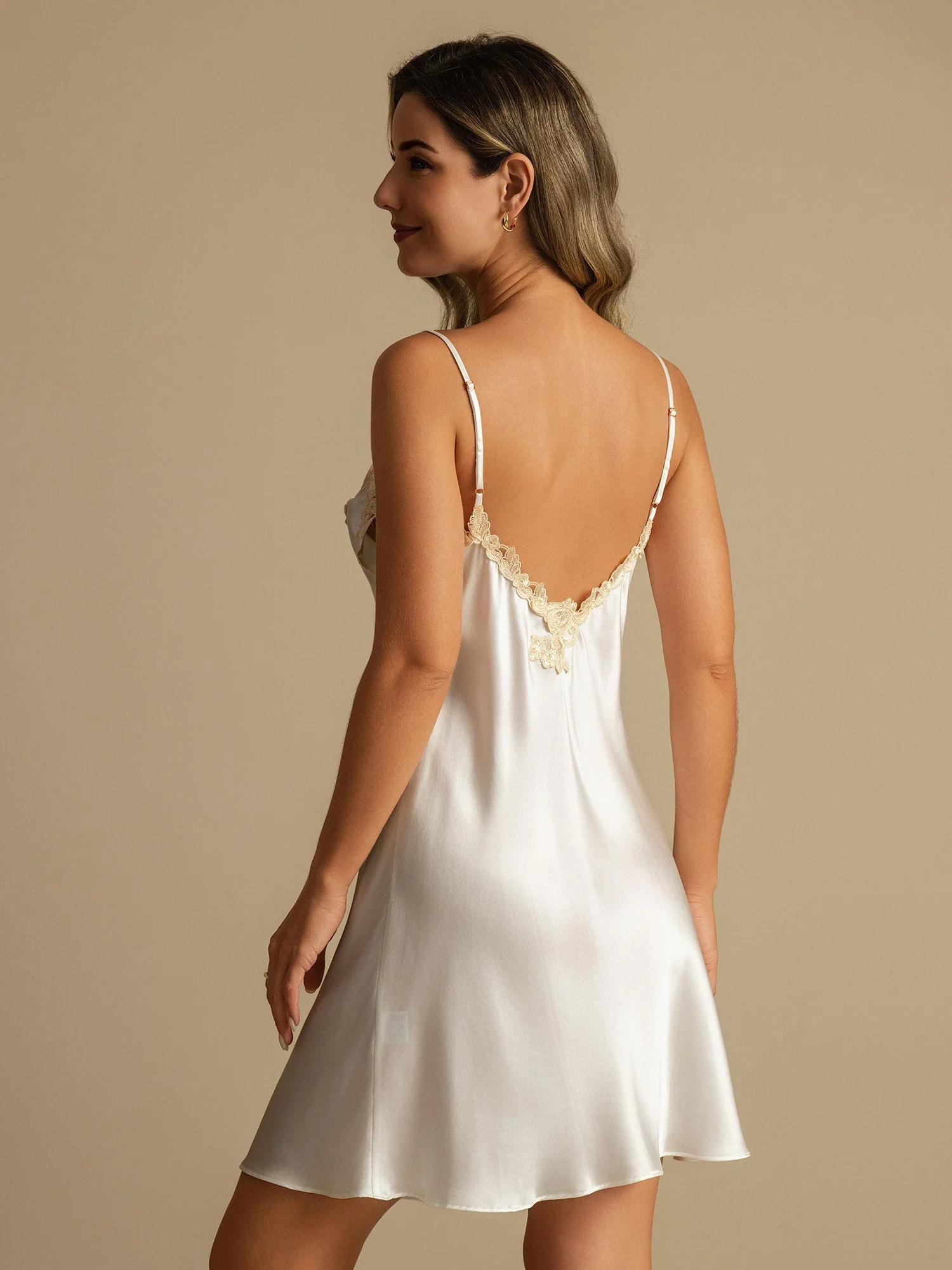 Pure Silk Spaghetti Strap Mini Nightgown with Lace V-Back Design - Image 30