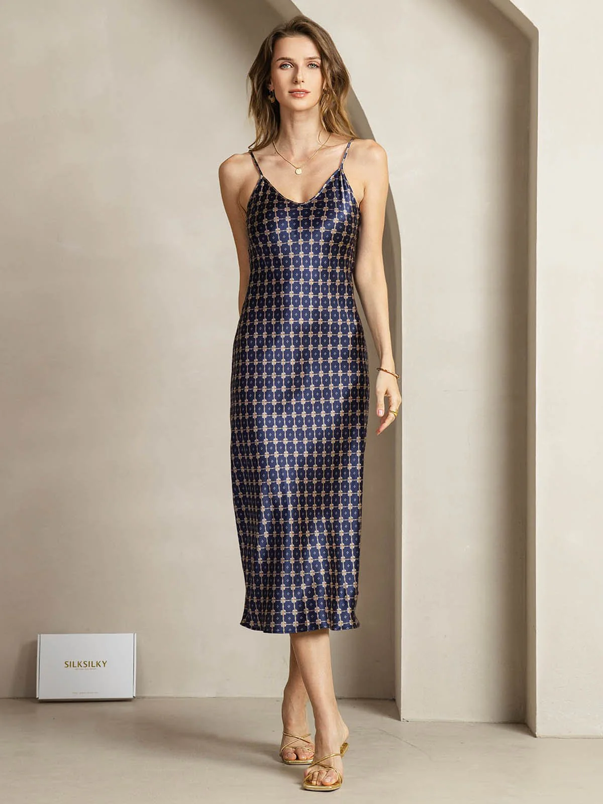 Clearance - 19Momme Silk Navy Chain Print V Neck Adjustable Strap Midi Dress - Image 3