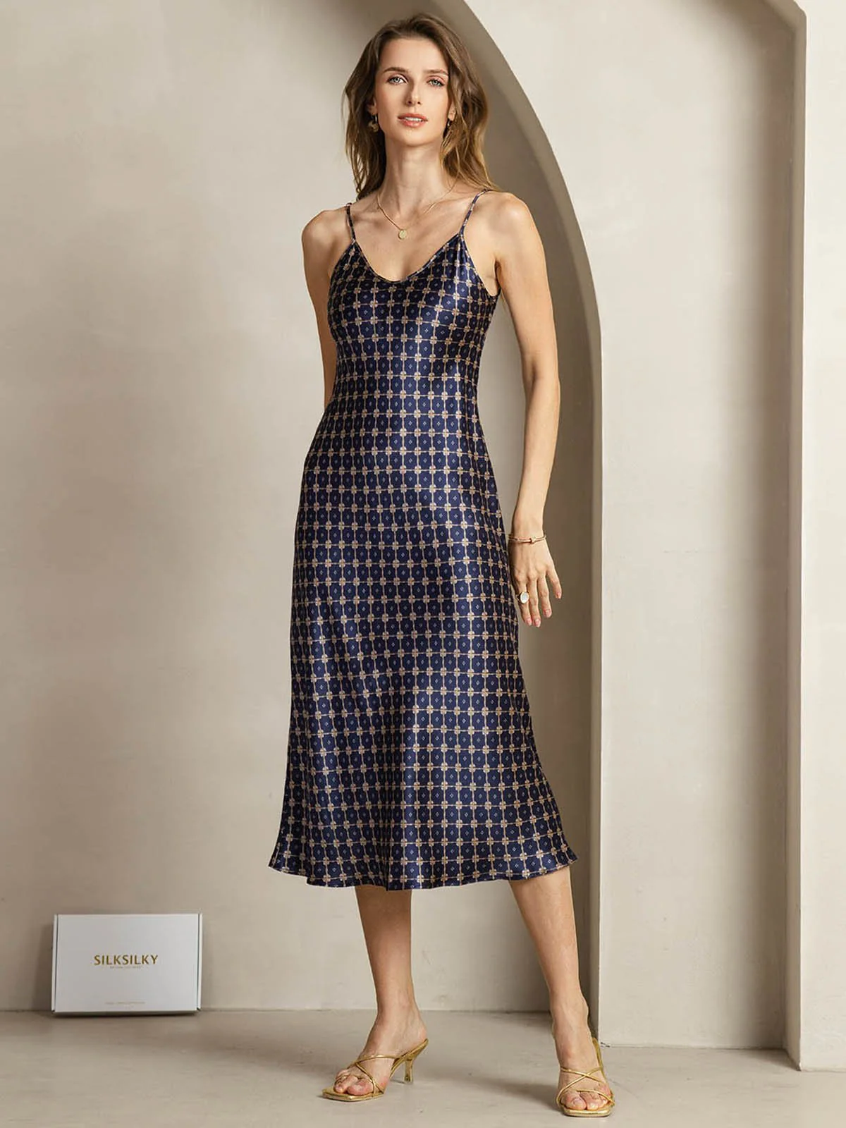 Clearance - 19Momme Silk Navy Chain Print V Neck Adjustable Strap Midi Dress - Image 4