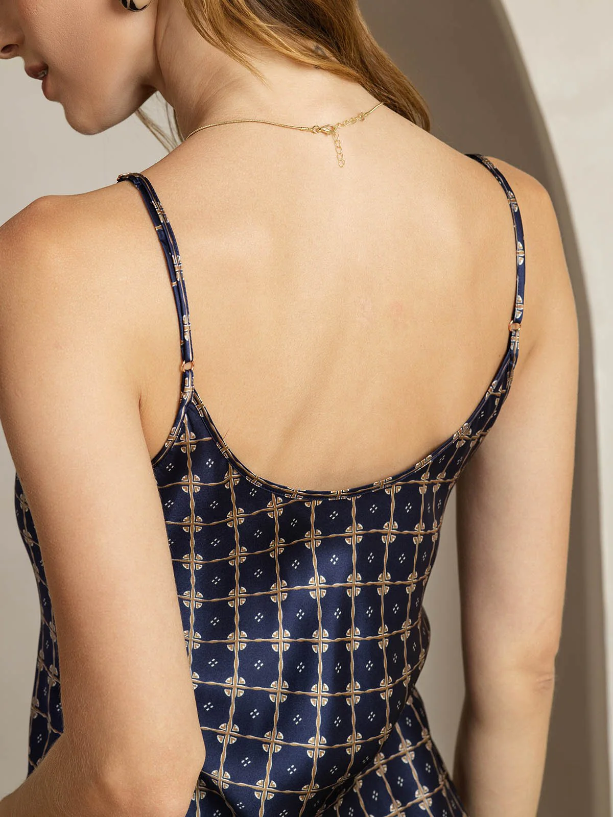 Clearance - 19Momme Silk Navy Chain Print V Neck Adjustable Strap Midi Dress - Image 6