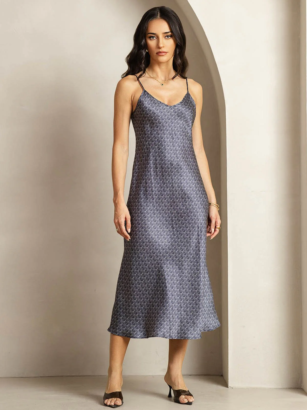 Clearance(US Warehouse) - 19Momme Silk Navy Ginkgo Print V Neck Adjustable Strap Midi Dress - Image 4