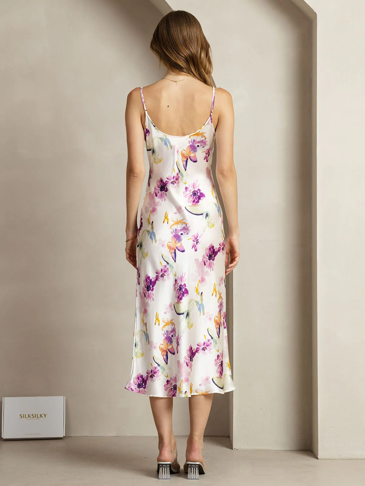 Clearance - 19Momme Silk Watercolor Floral Print V Neck Adjustable Strap Midi Dress - Image 2