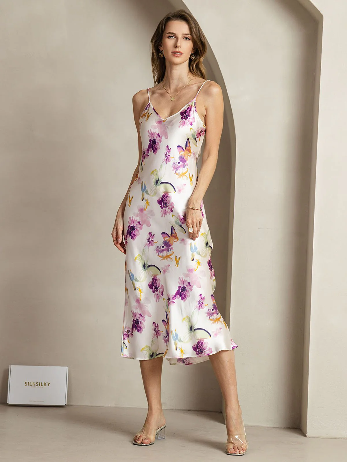 Clearance - 19Momme Silk Watercolor Floral Print V Neck Adjustable Strap Midi Dress - Image 3