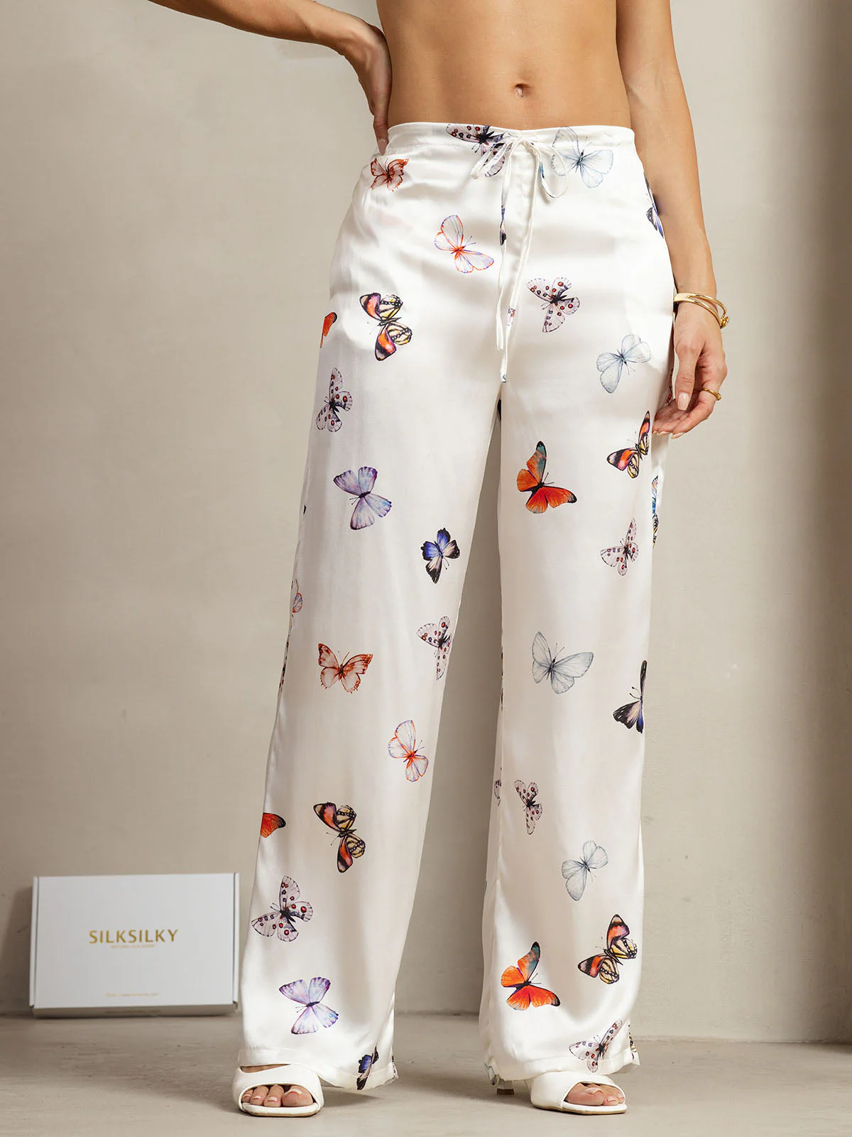 19Momme Silk White Butterfly Print Wide Leg Women's Pants With Side Pockets Design - Image 3