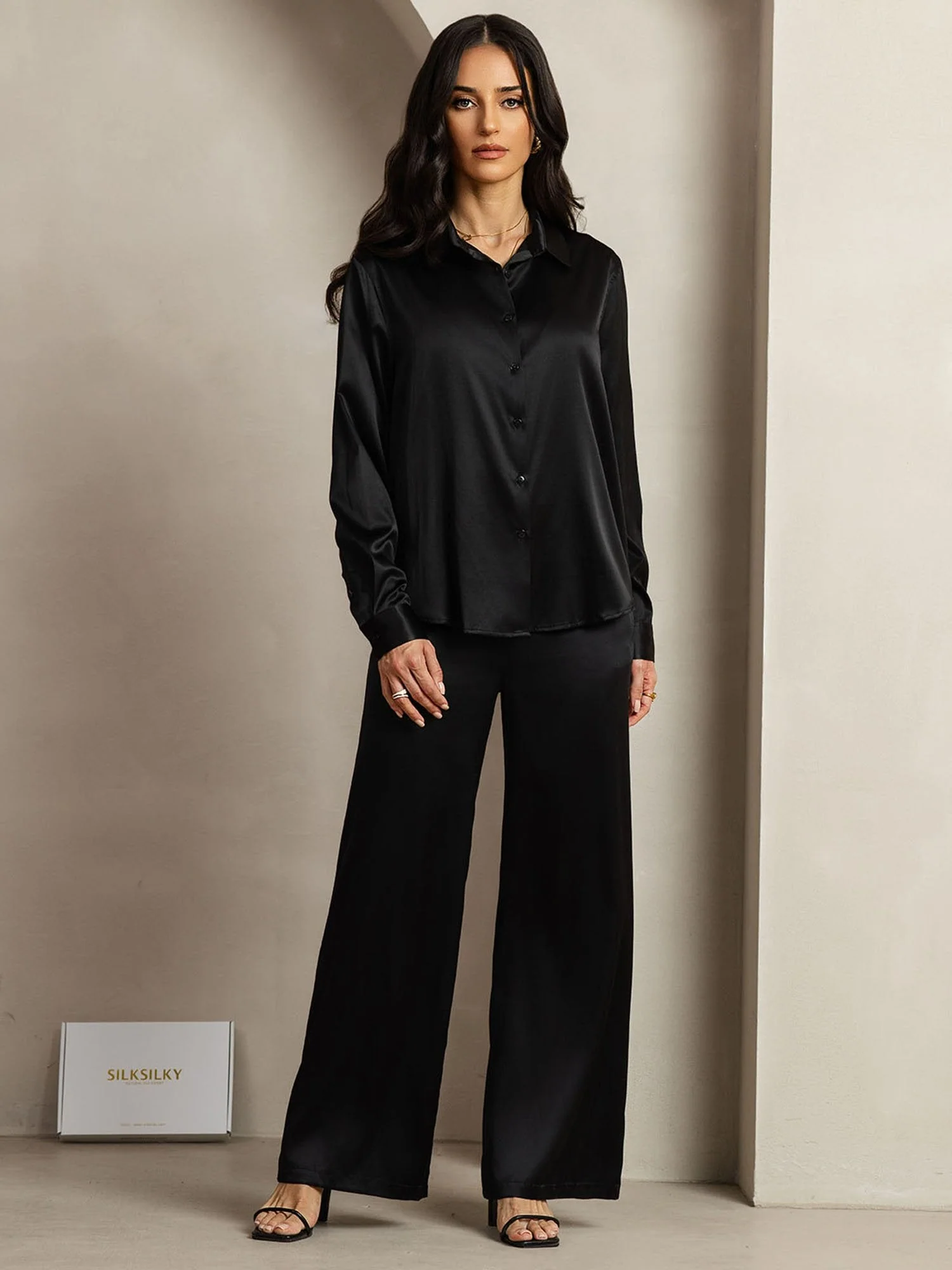 19Momme Silk Button-Up Shirt & Wide-Leg Pants Set - Image 3