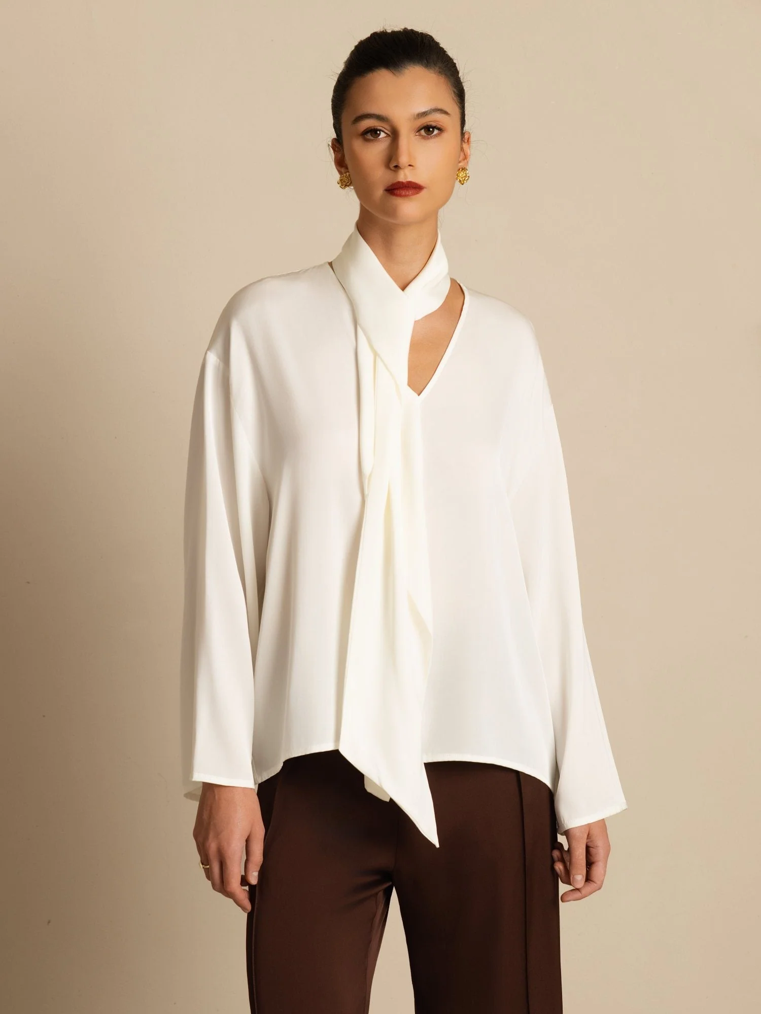 19Momme Silk Women's Asymmetrical Tie V Neck Blouse - Image 11