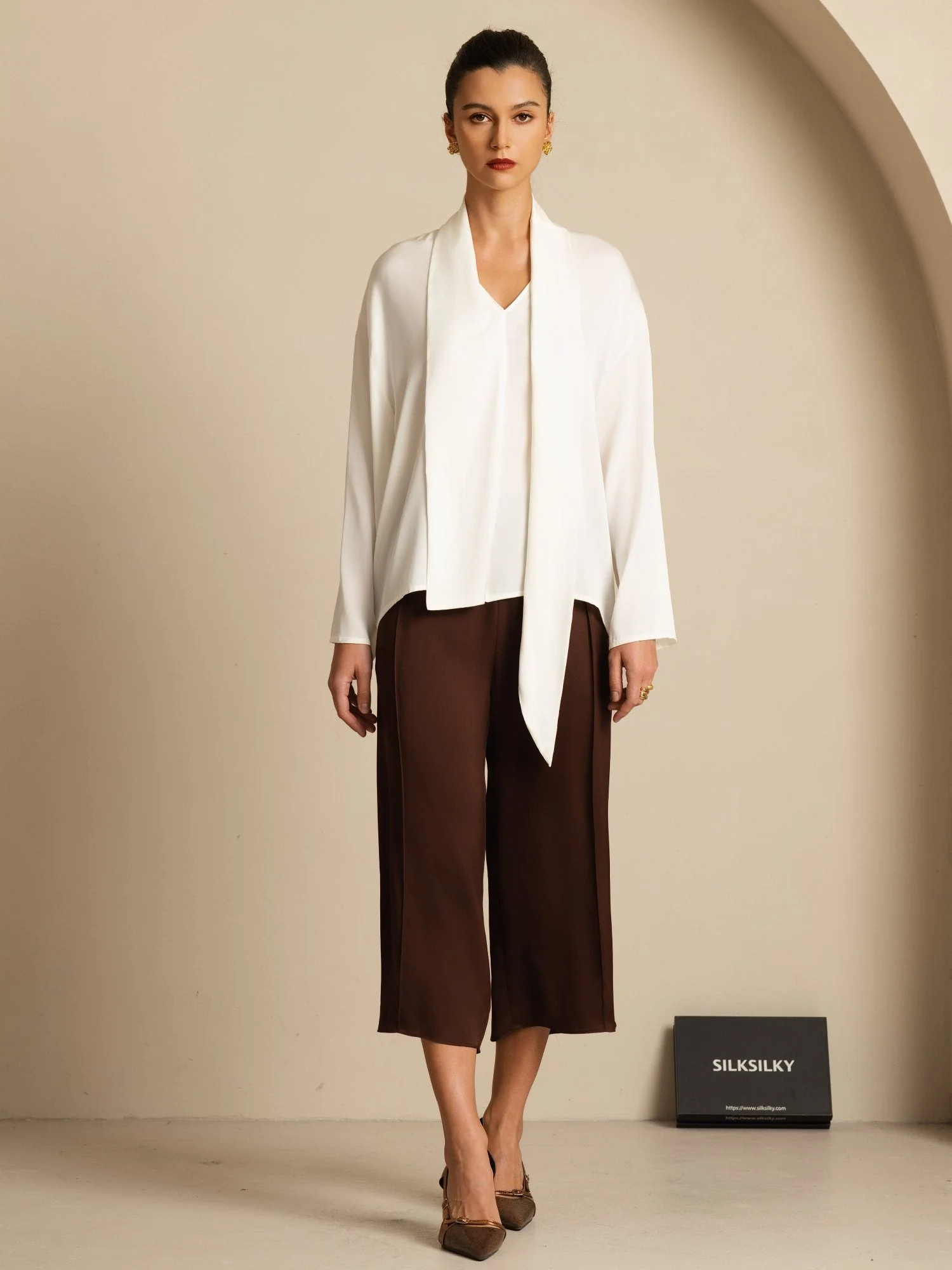 19Momme Silk Women's Asymmetrical Tie V Neck Blouse - Image 14