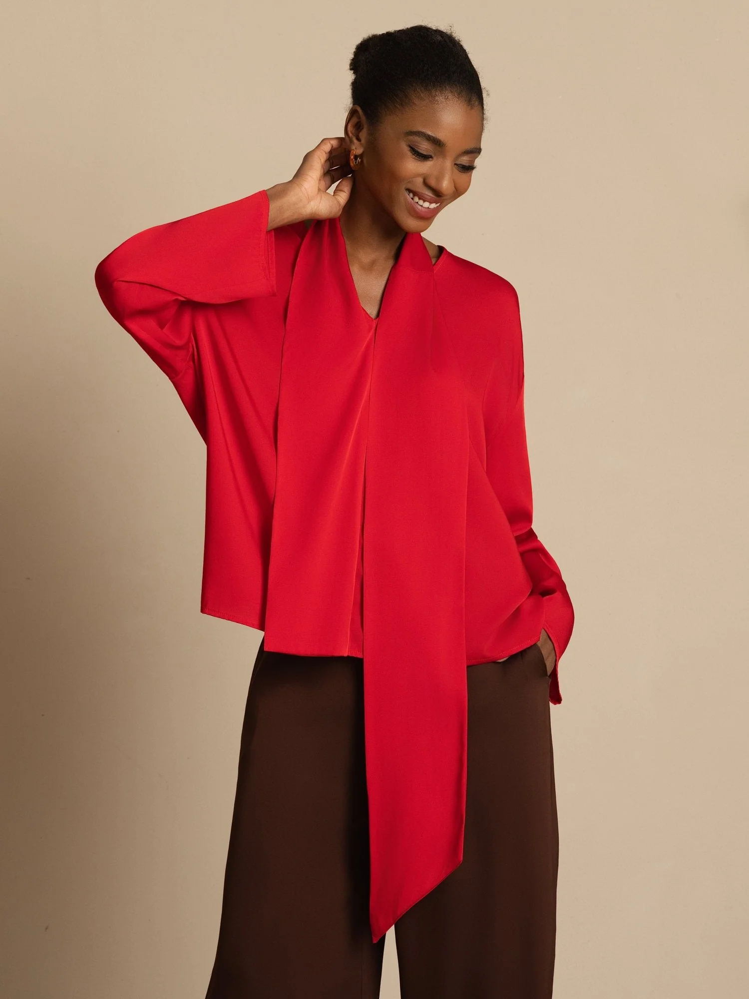 19Momme Silk Women's Asymmetrical Tie V Neck Blouse - Image 2