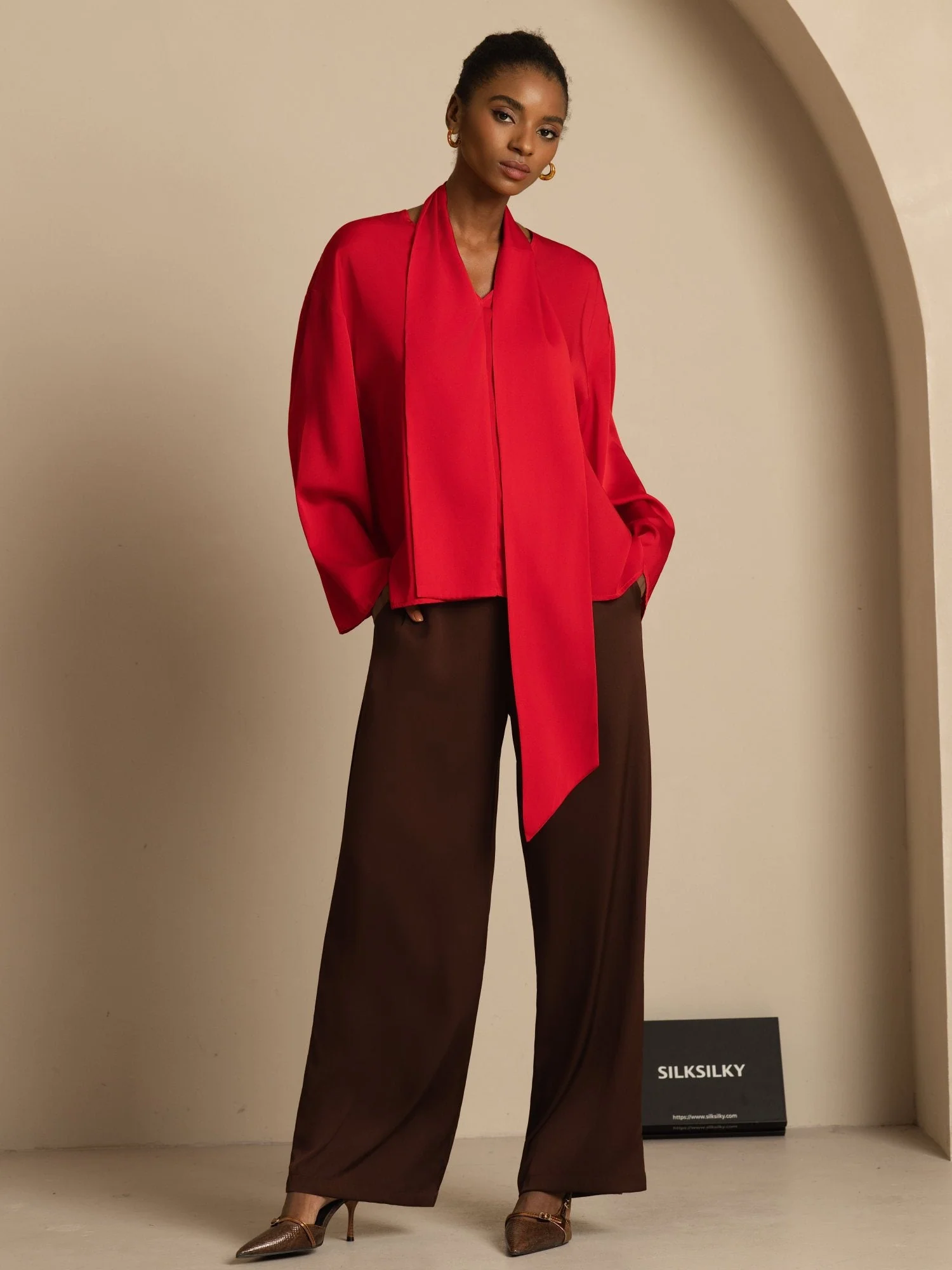 19Momme Silk Women's Asymmetrical Tie V Neck Blouse - Image 6