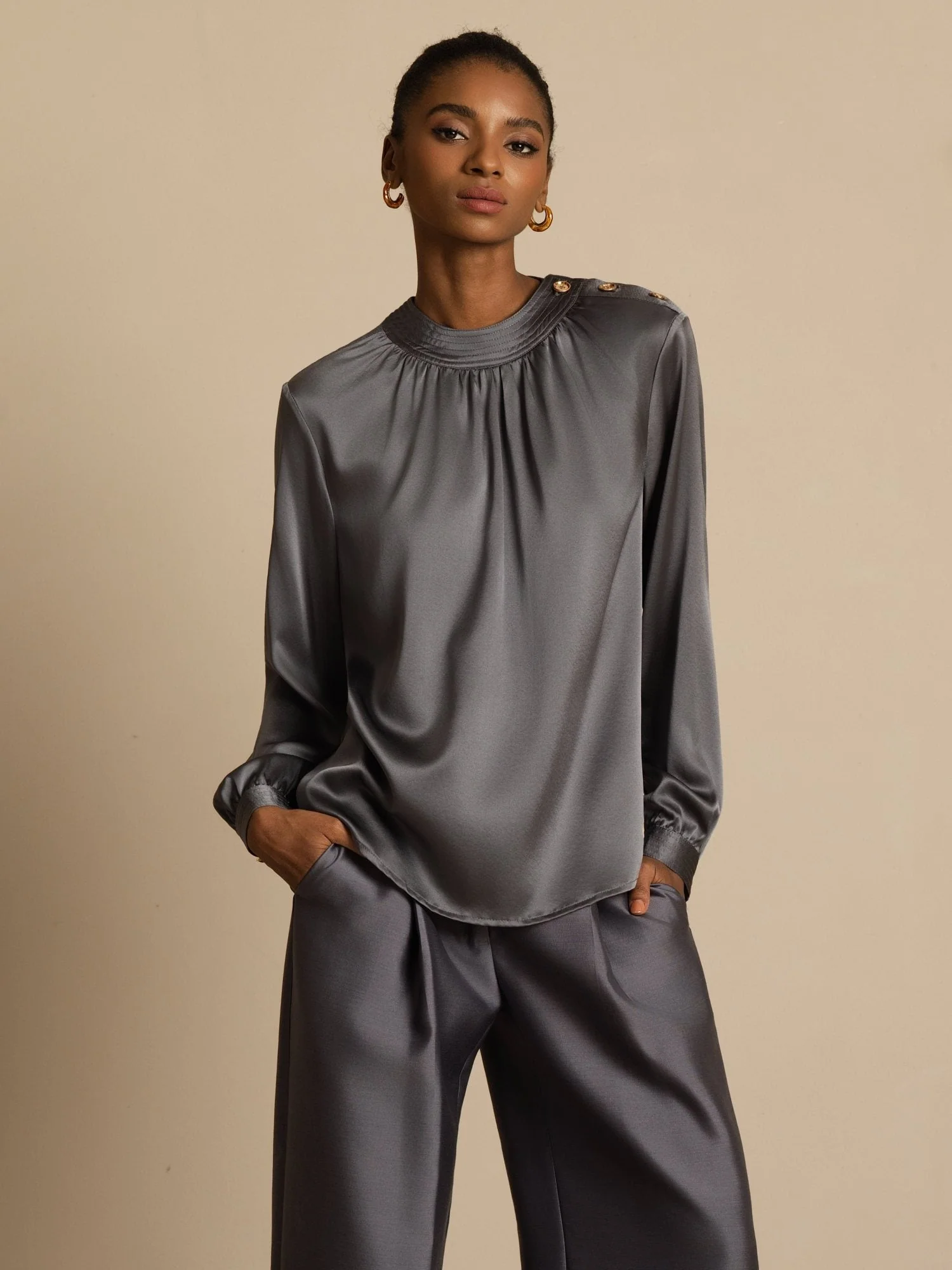 19Momme Silk Women’s Gathered Neck Long Sleeve Blouse - Image 11