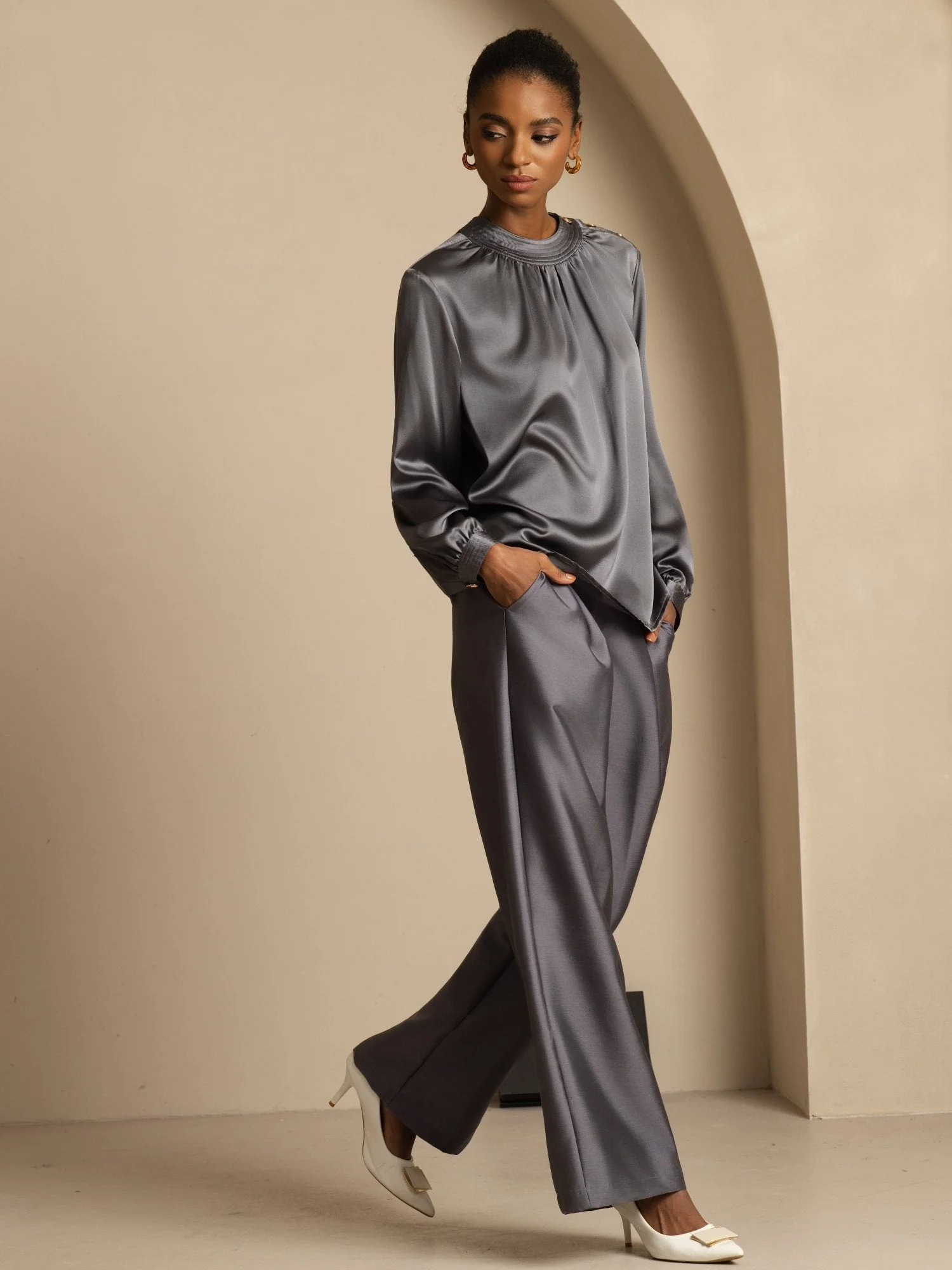 19Momme Silk Women’s Gathered Neck Long Sleeve Blouse - Image 14