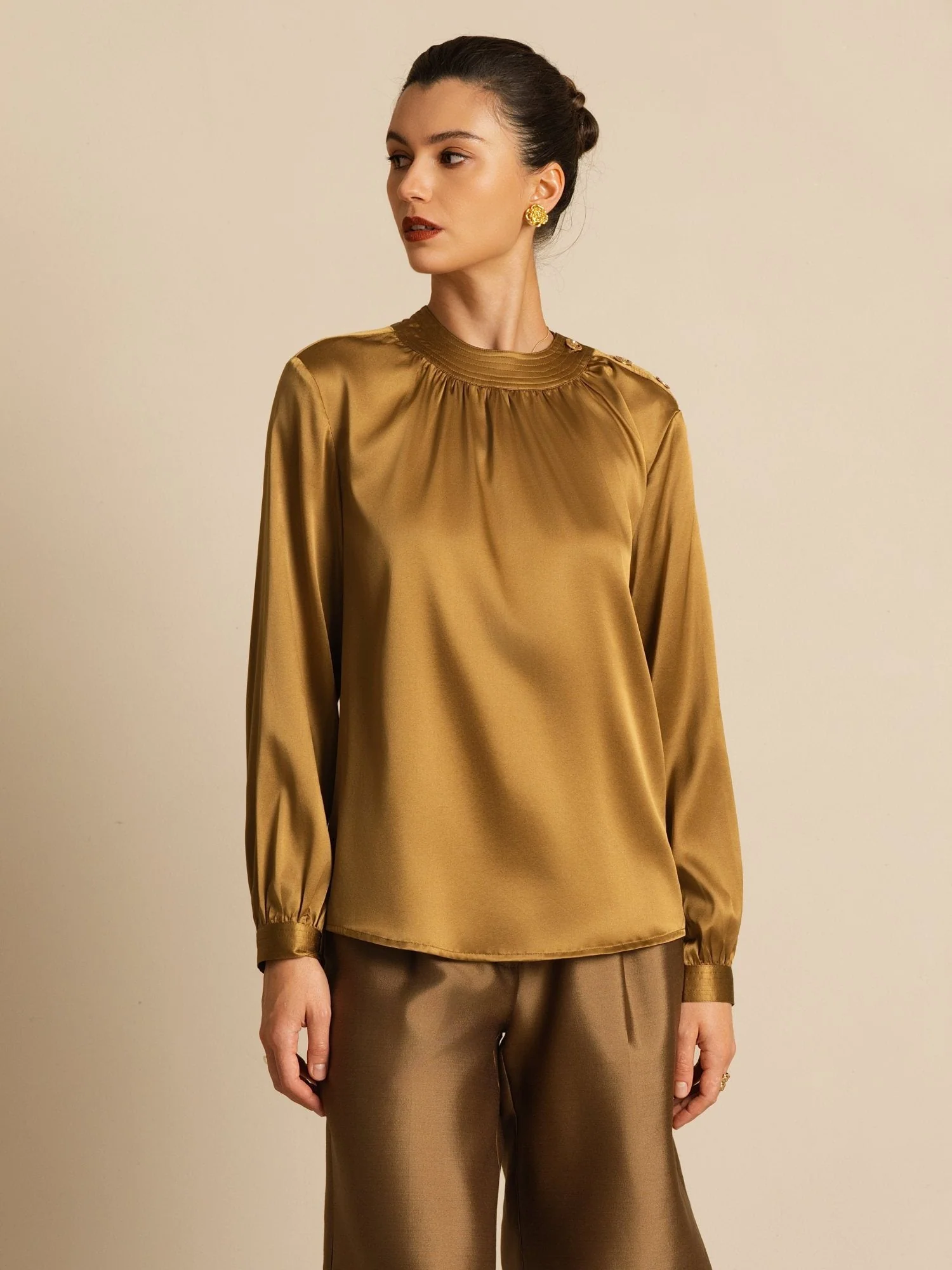19Momme Silk Women’s Gathered Neck Long Sleeve Blouse - Image 19