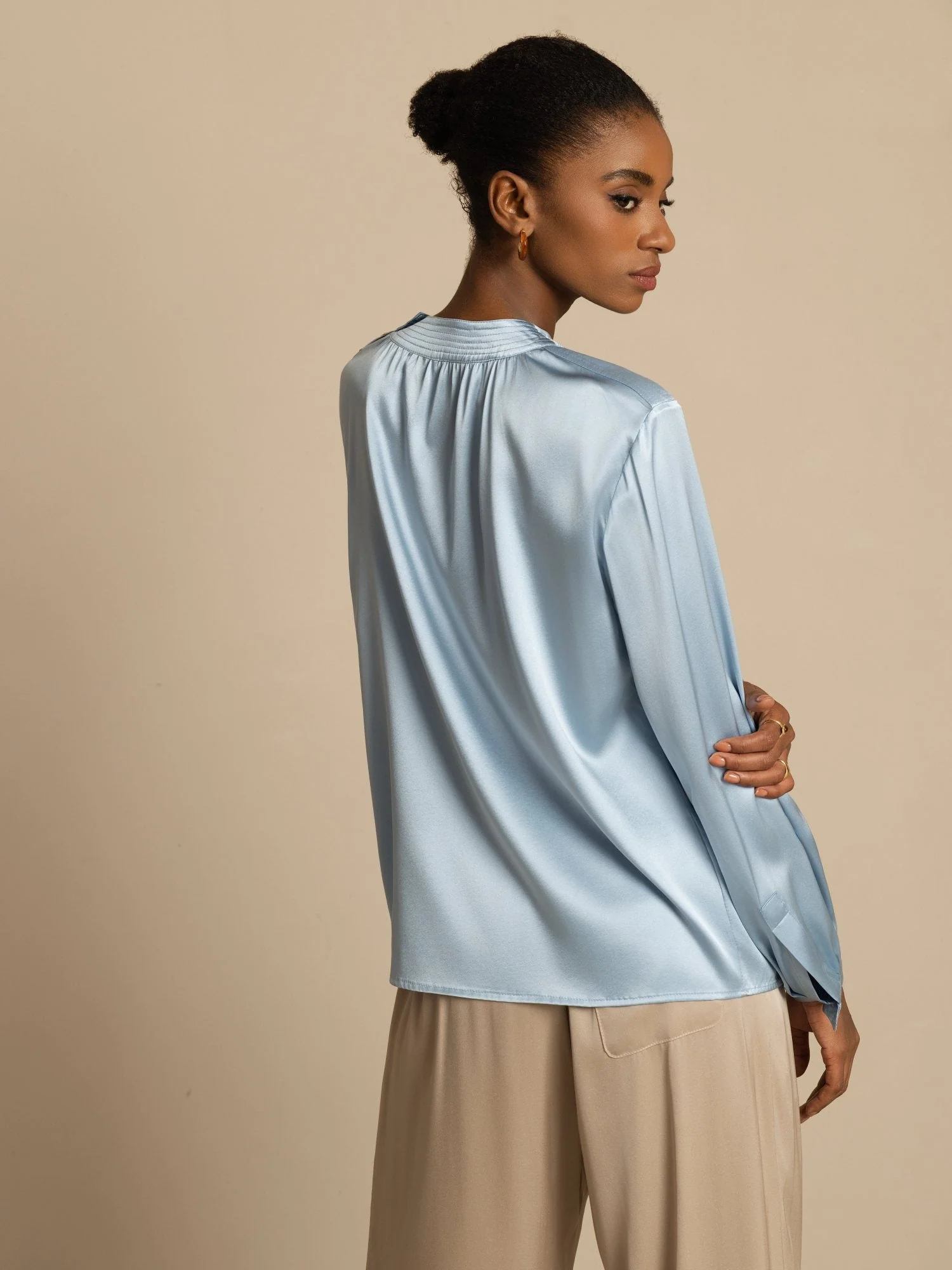 19Momme Silk Women’s Gathered Neck Long Sleeve Blouse - Image 2
