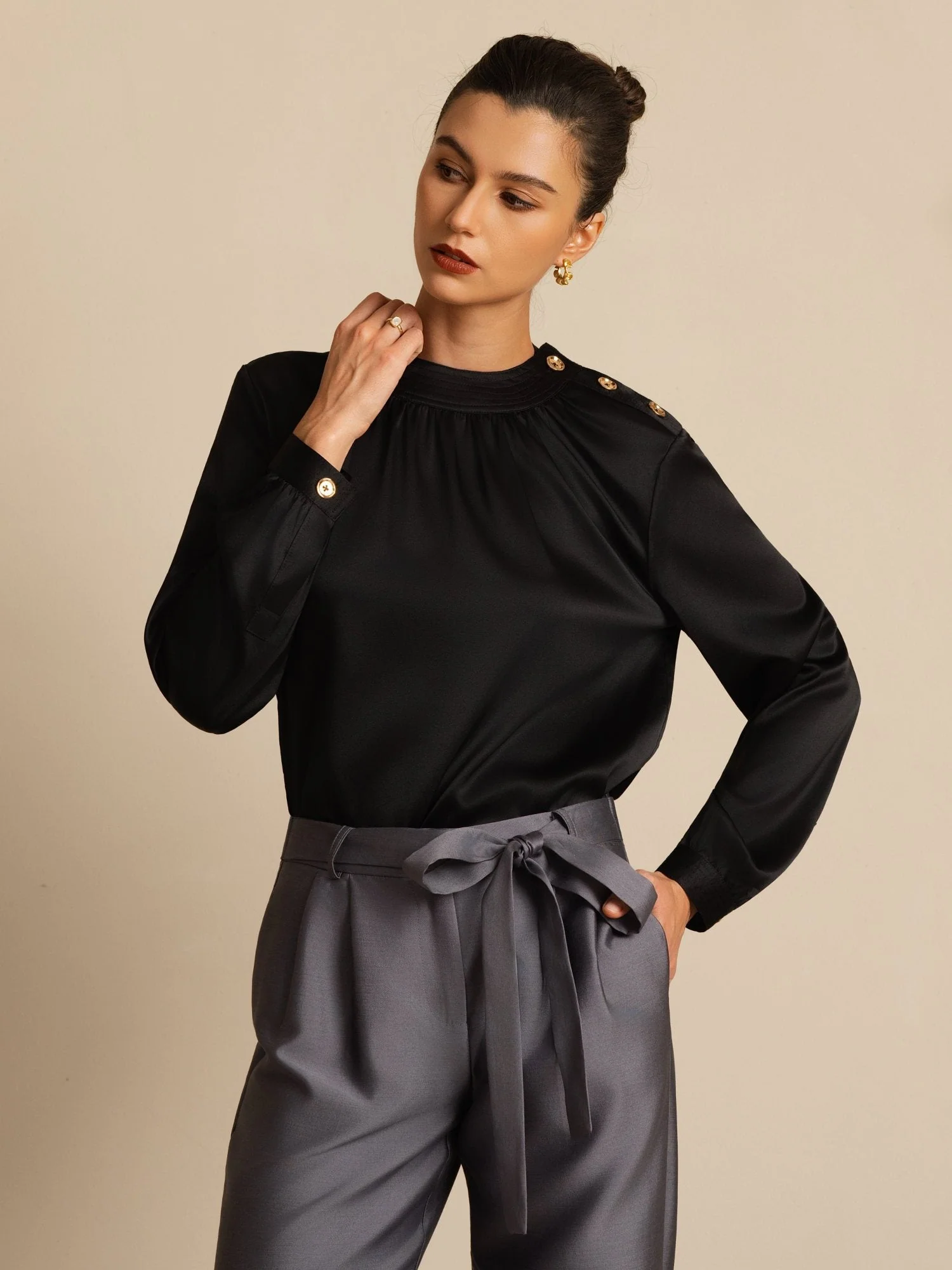 19Momme Silk Women’s Gathered Neck Long Sleeve Blouse - Image 23
