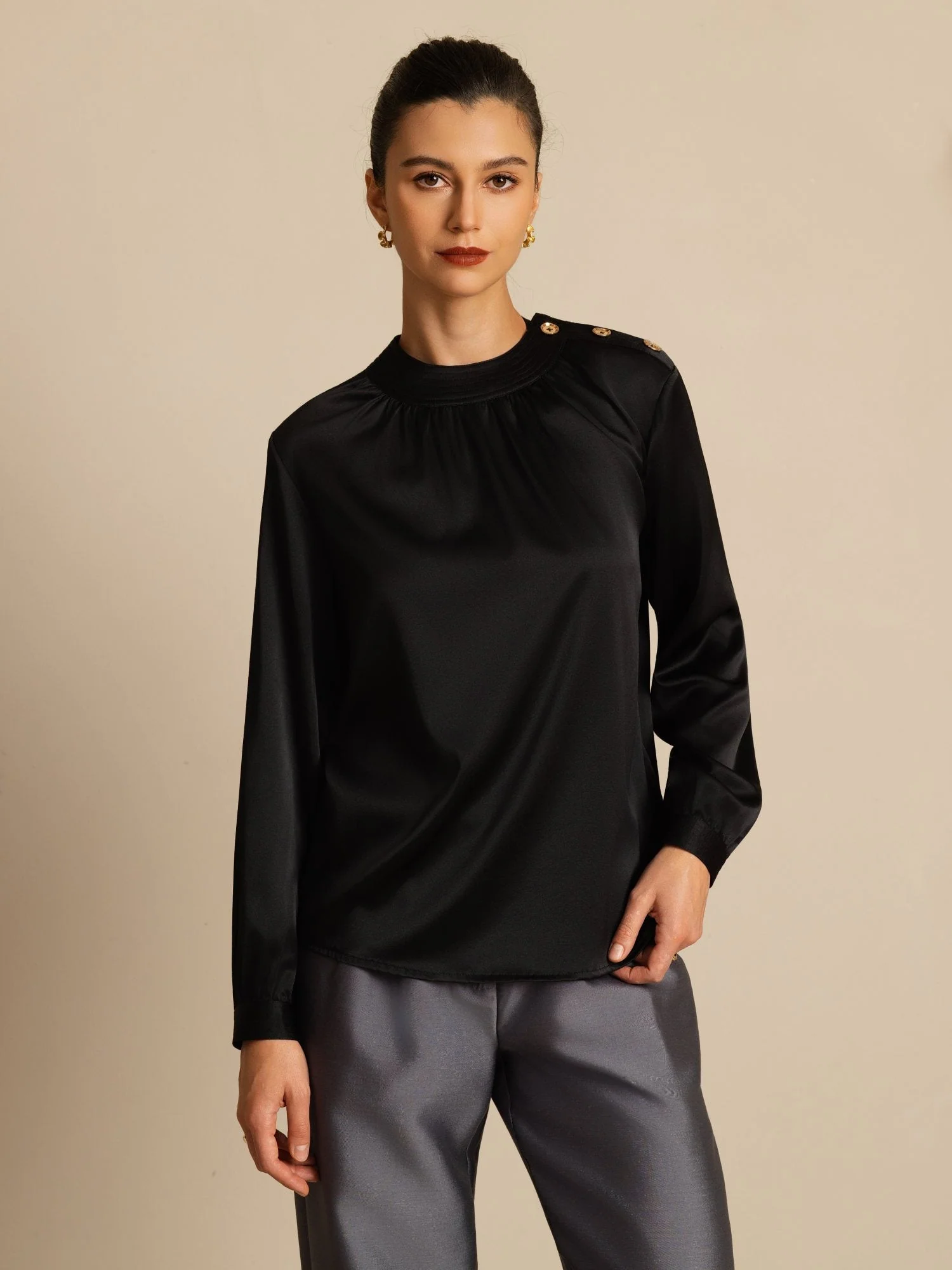 19Momme Silk Women’s Gathered Neck Long Sleeve Blouse - Image 25