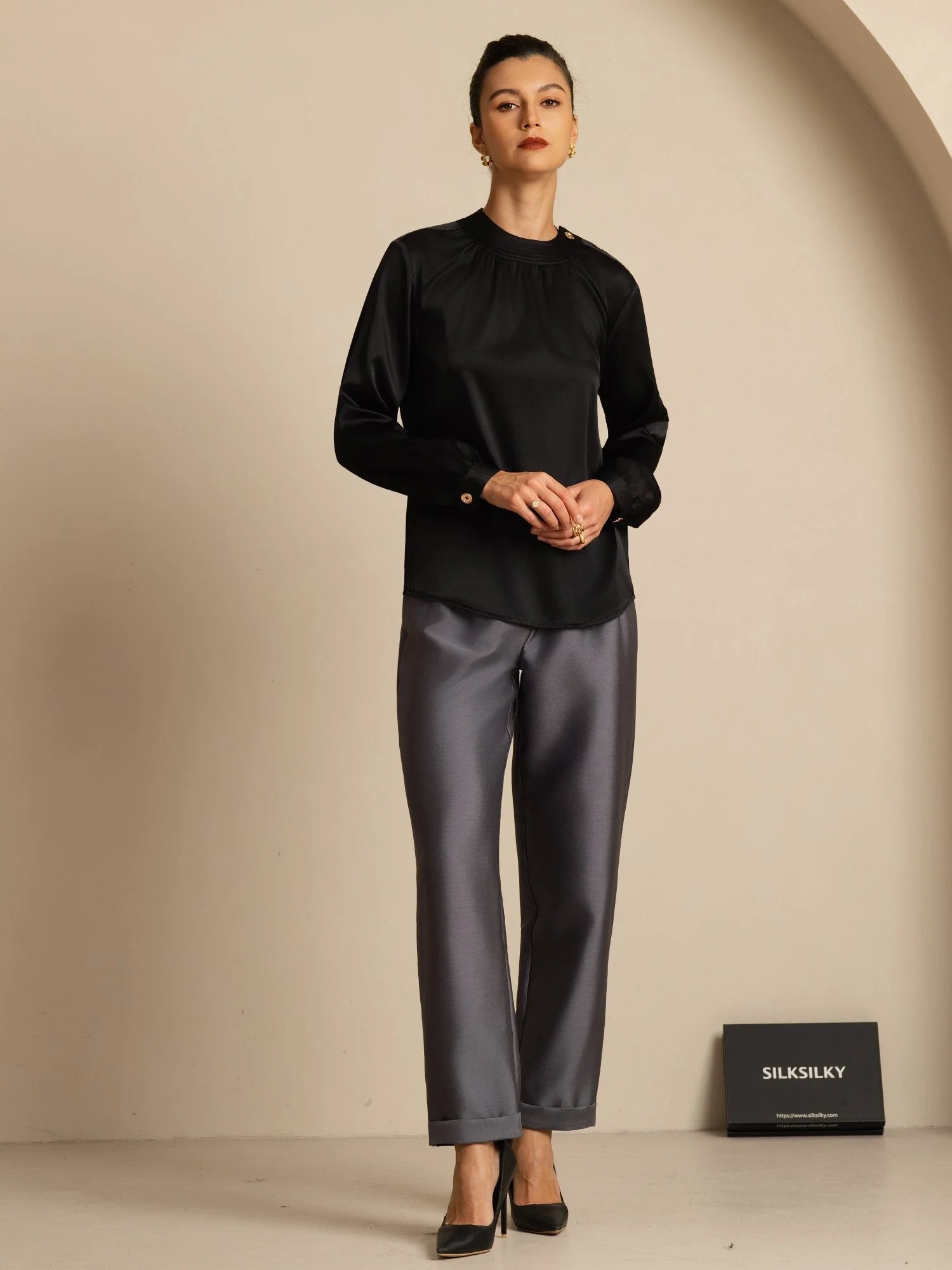19Momme Silk Women’s Gathered Neck Long Sleeve Blouse - Image 29