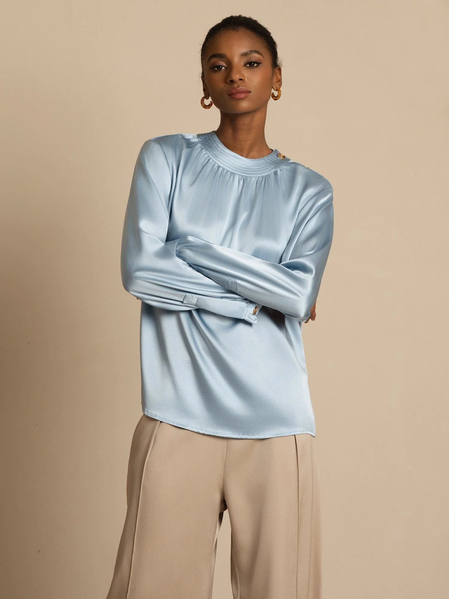 19Momme Silk Women’s Gathered Neck Long Sleeve Blouse - Image 4