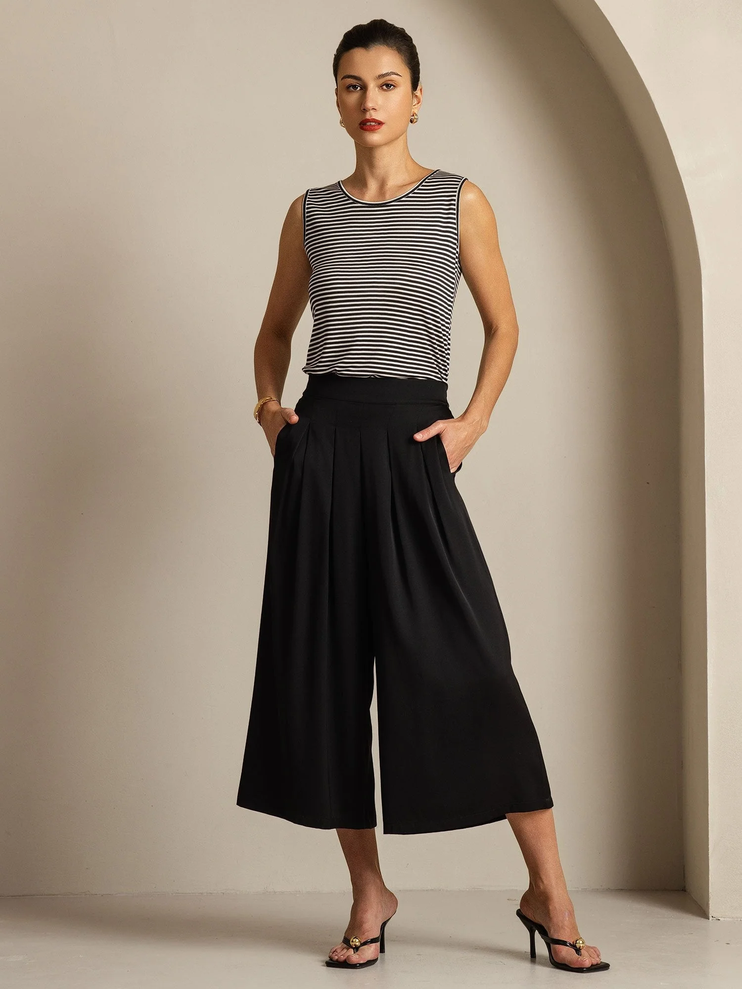 19Momme Silk Women's High Waist Pleated Wide Leg Capri Pants - Image 7