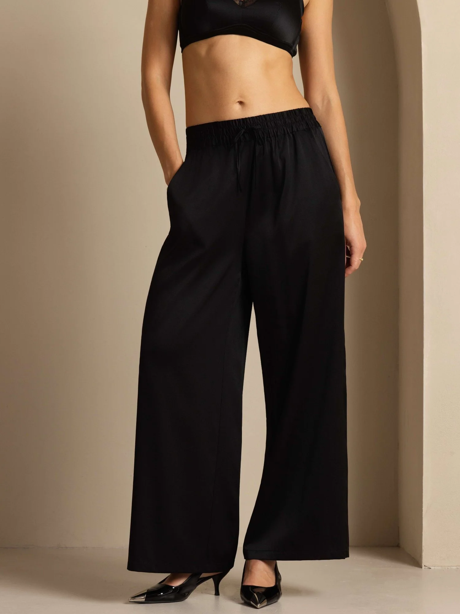 19Momme Silk Women’s High-Waist Wide Leg Pants with Shirred Drawstring Waist - Image 10