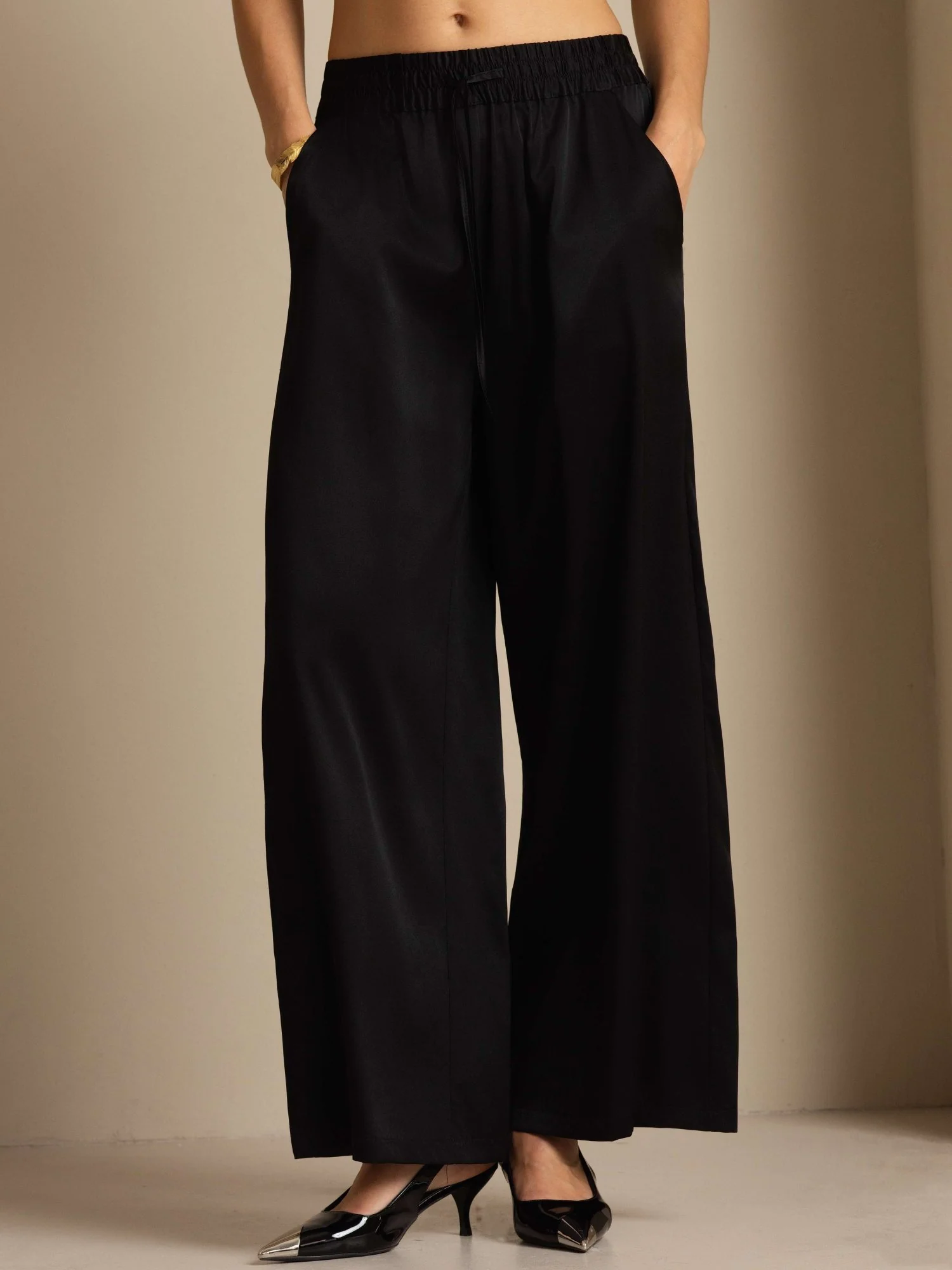 19Momme Silk Women’s High-Waist Wide Leg Pants with Shirred Drawstring Waist - Image 12