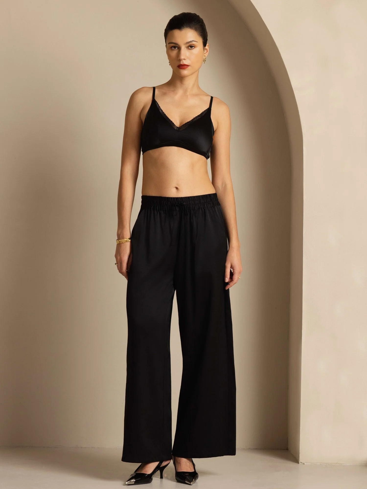 19Momme Silk Women’s High-Waist Wide Leg Pants with Shirred Drawstring Waist - Image 14