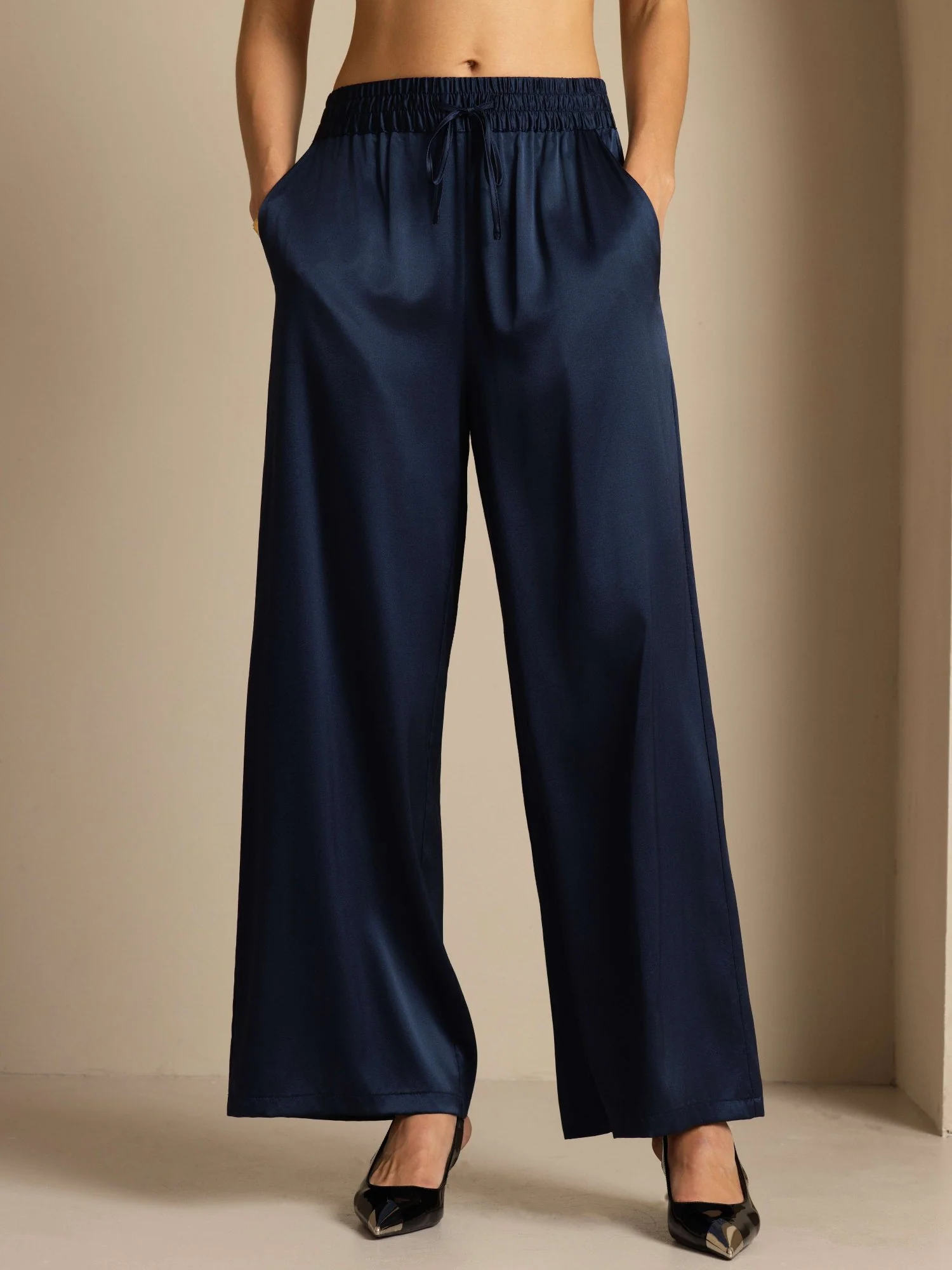 19Momme Silk Women’s High-Waist Wide Leg Pants with Shirred Drawstring Waist - Image 15