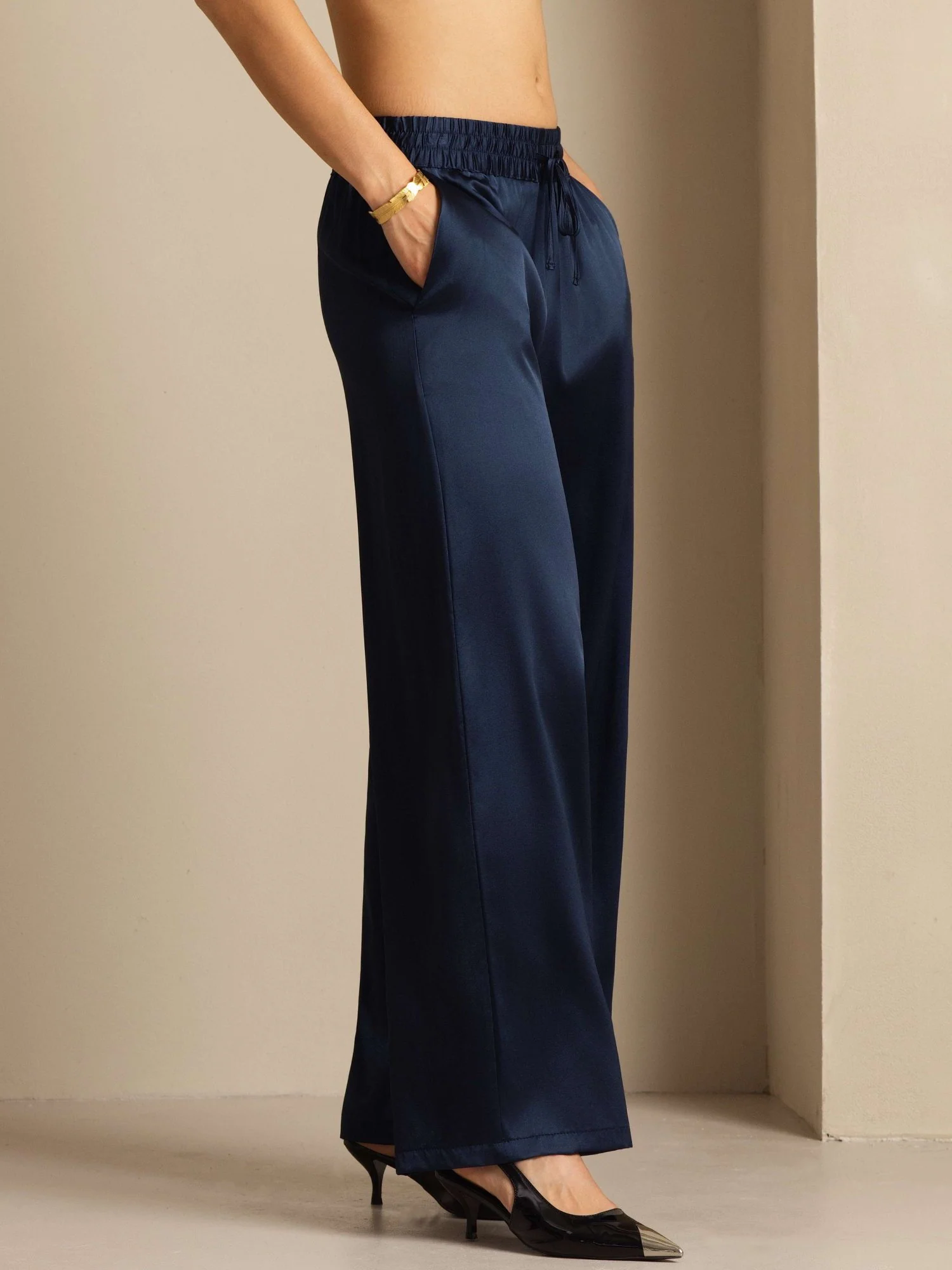 19Momme Silk Women’s High-Waist Wide Leg Pants with Shirred Drawstring Waist - Image 19