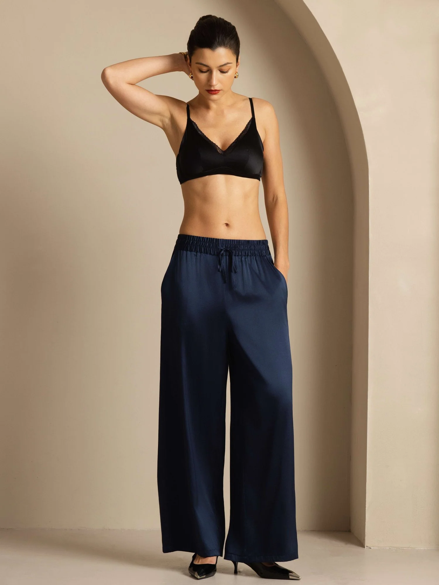19Momme Silk Women’s High-Waist Wide Leg Pants with Shirred Drawstring Waist - Image 21
