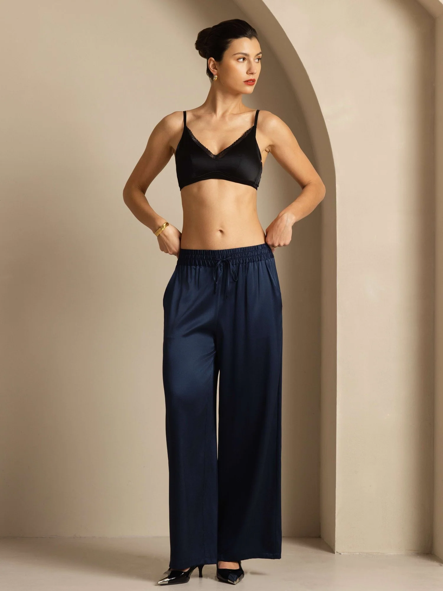 19Momme Silk Women’s High-Waist Wide Leg Pants with Shirred Drawstring Waist - Image 22