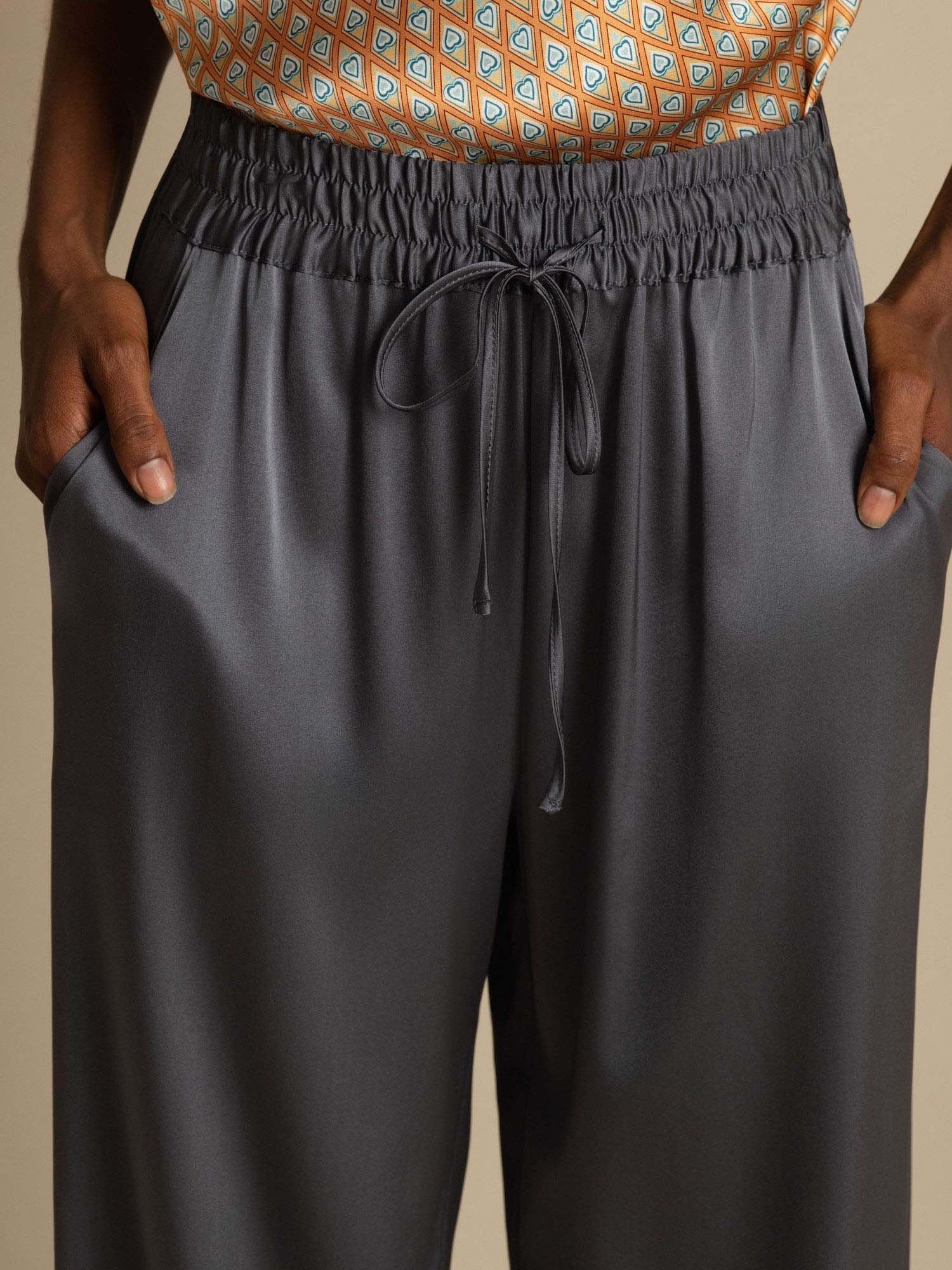 19Momme Silk Women’s High-Waist Wide Leg Pants with Shirred Drawstring Waist - Image 4
