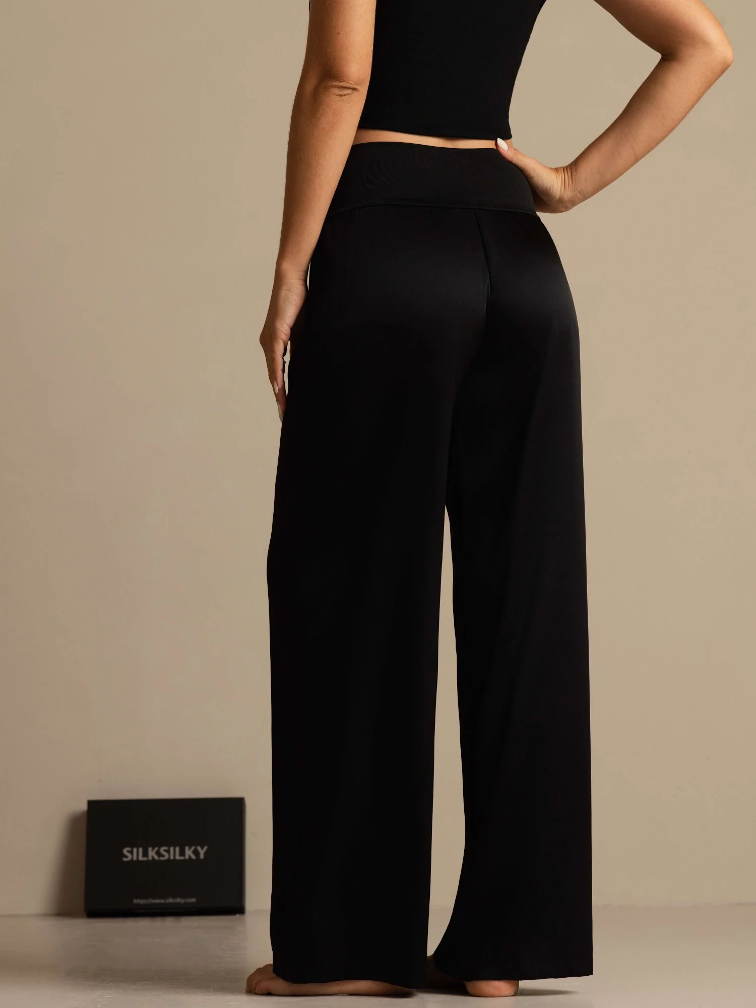 19Momme Silk Women's High-Waist Wide Leg Pants with Wide Stretch Waistband - Image 2