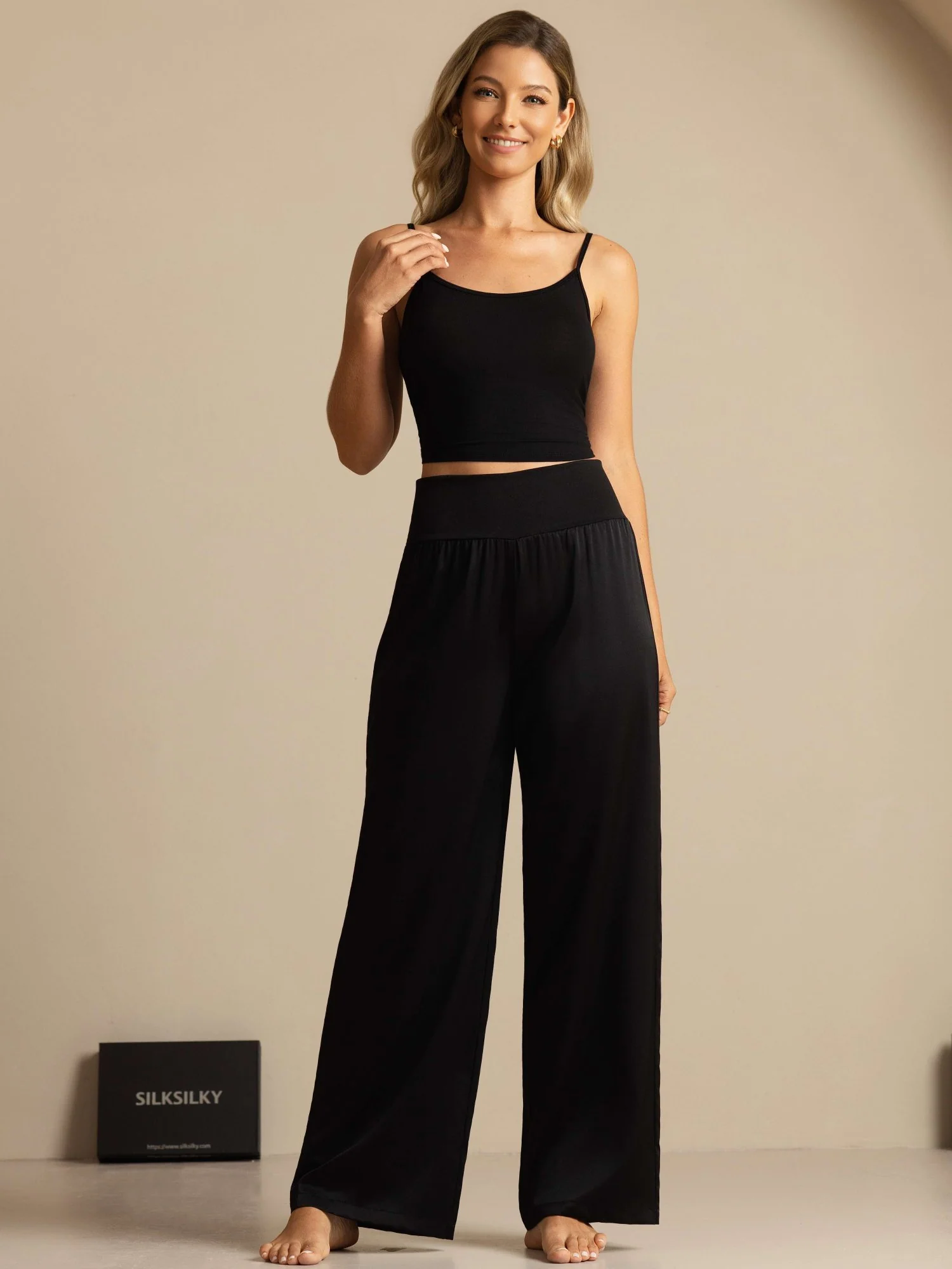19Momme Silk Women's High-Waist Wide Leg Pants with Wide Stretch Waistband - Image 6