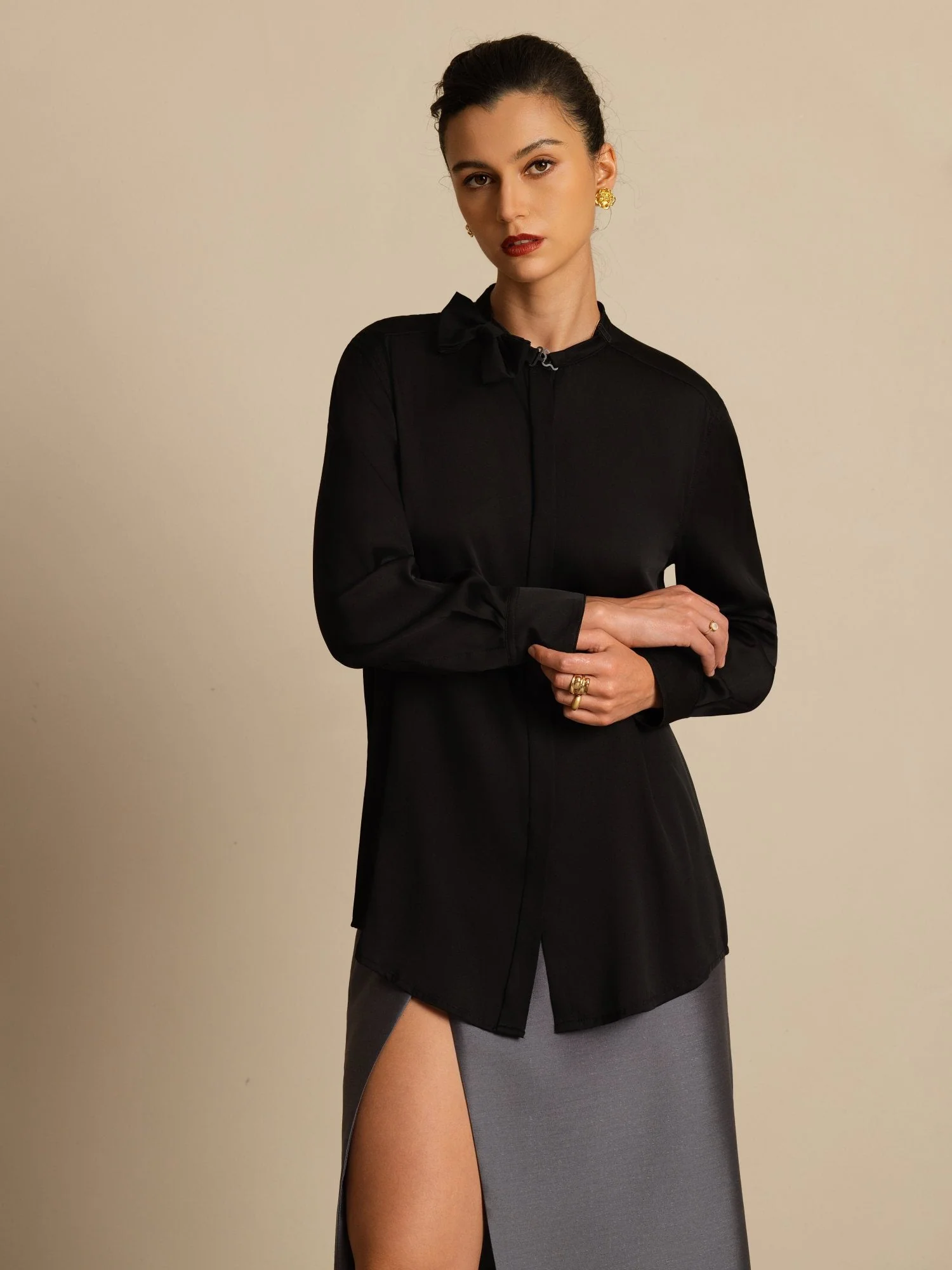 19Momme Silk Women's Long Sleeve Stand Collar Bow Blouse - Image 12
