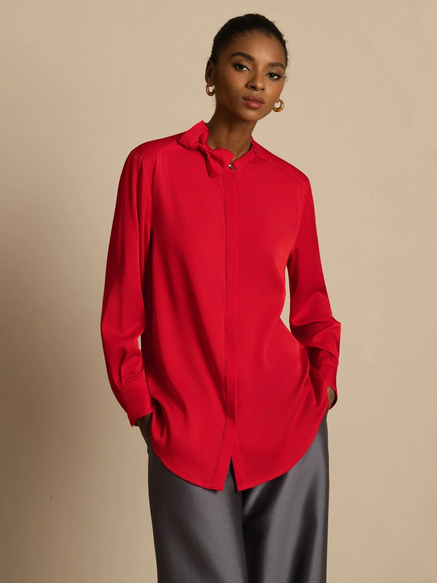 19Momme Silk Women's Long Sleeve Stand Collar Bow Blouse - Image 17