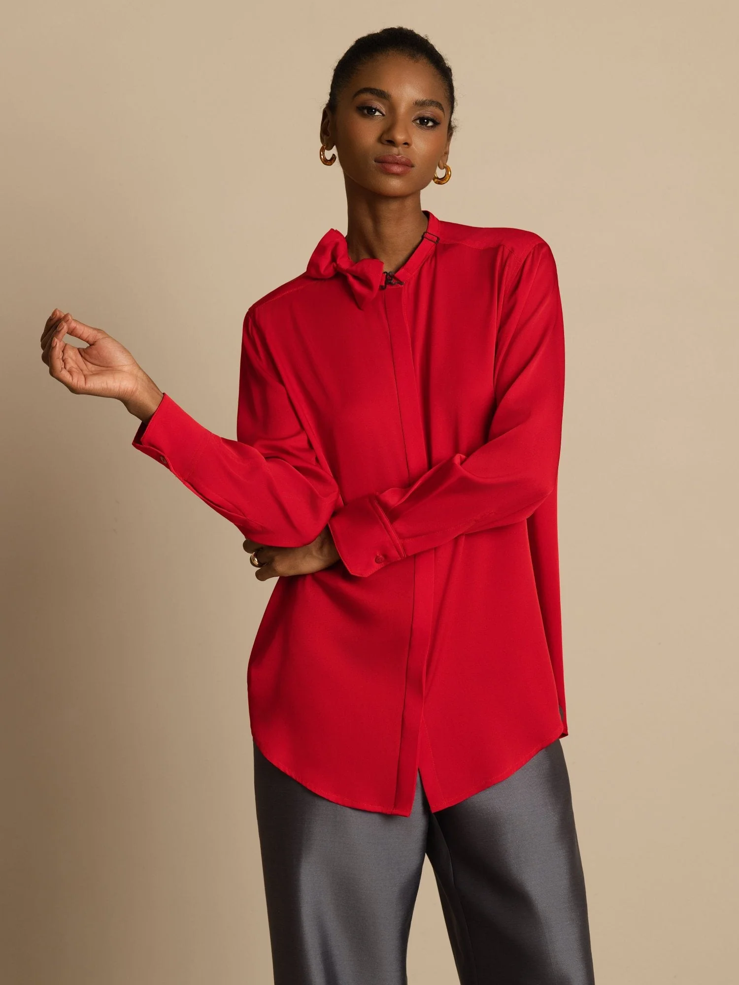 19Momme Silk Women's Long Sleeve Stand Collar Bow Blouse - Image 19