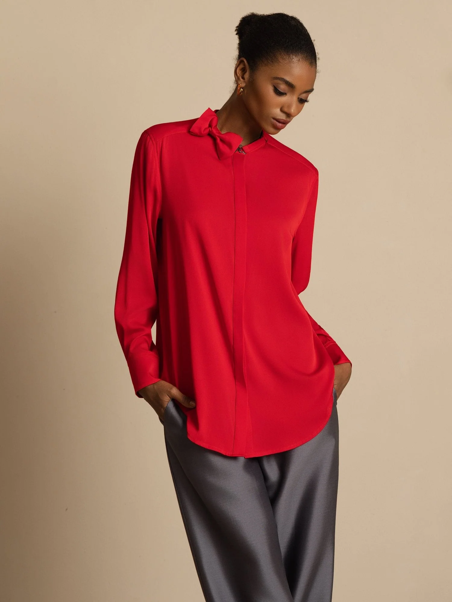 19Momme Silk Women's Long Sleeve Stand Collar Bow Blouse - Image 21