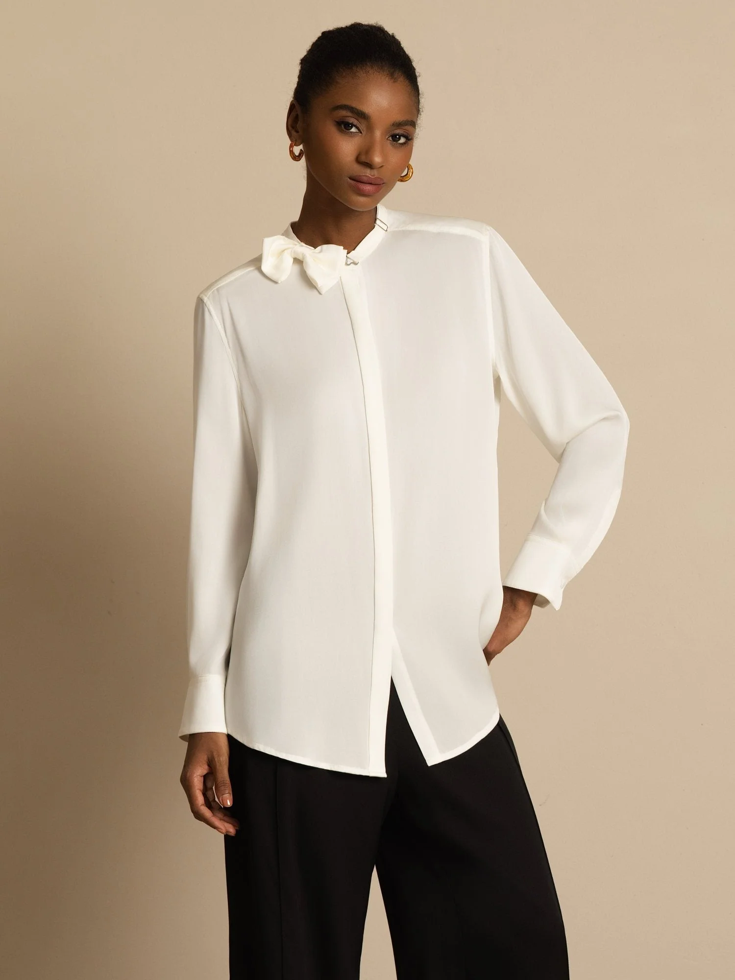 19Momme Silk Women's Long Sleeve Stand Collar Bow Blouse - Image 4