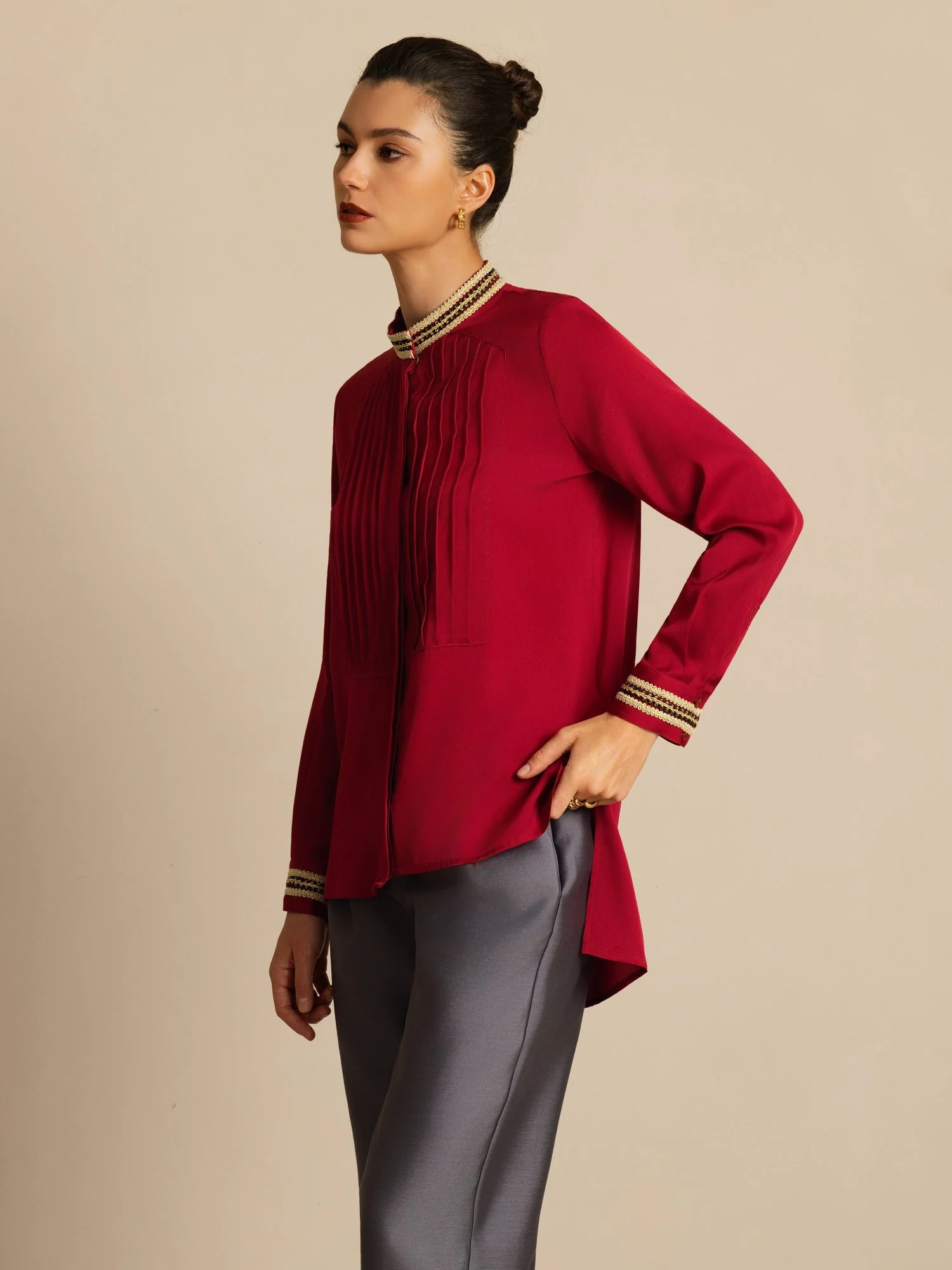 19Momme Silk Women's Pleated Stand Collar Blouse - Image 20