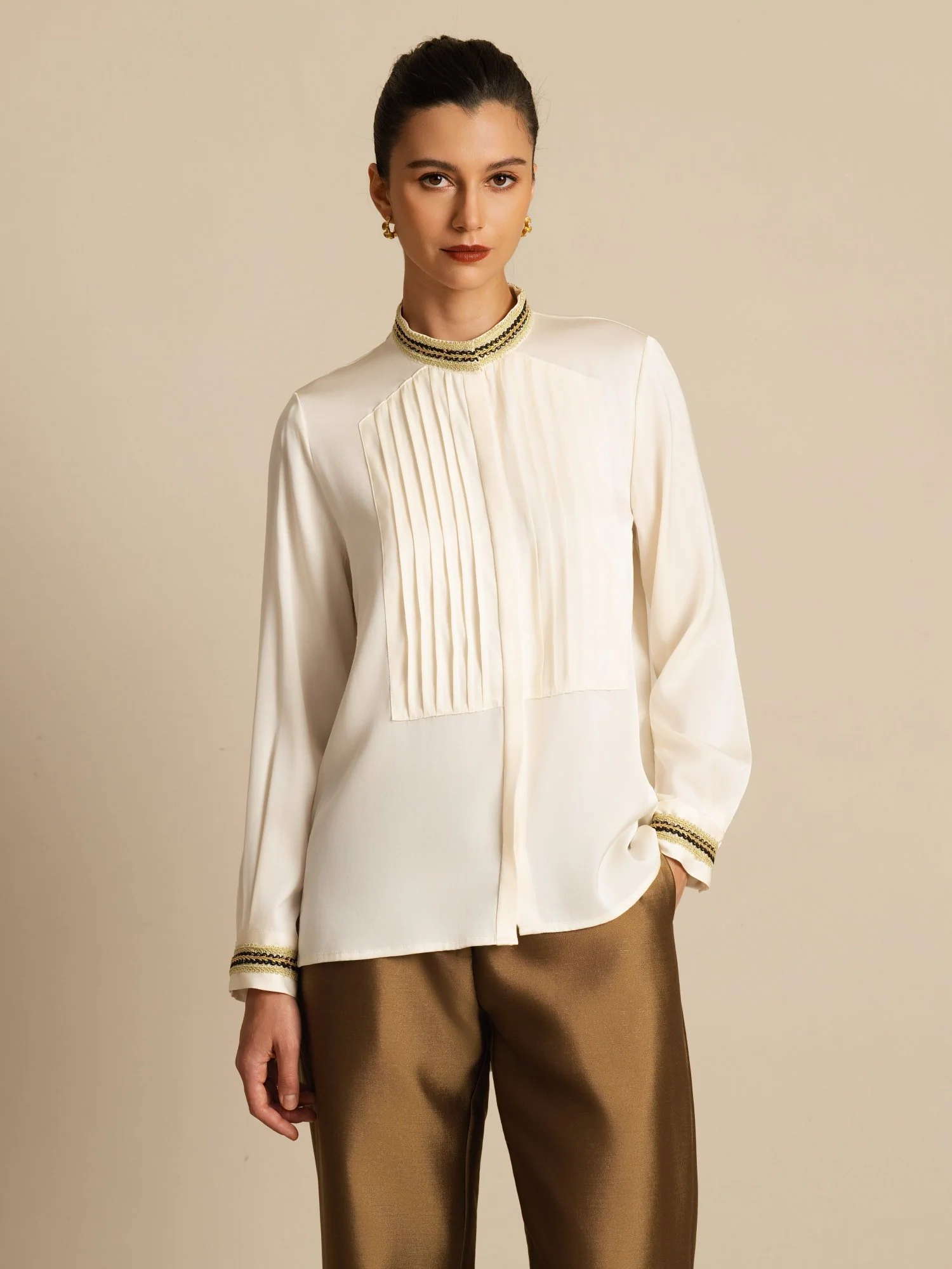 19Momme Silk Women's Pleated Stand Collar Blouse - Image 3