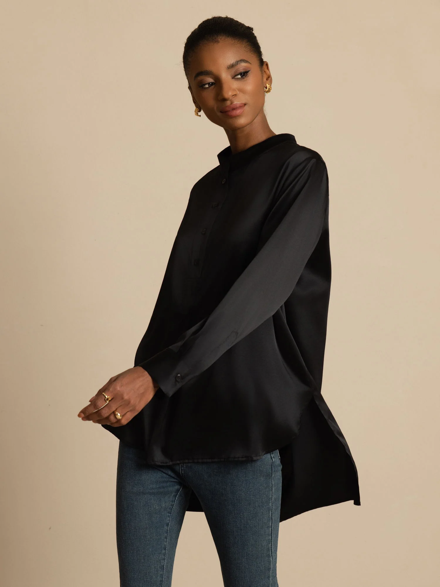 19Momme Silk Women’s  Stand Collar High-Low Blouse With Button Detail - Image 19
