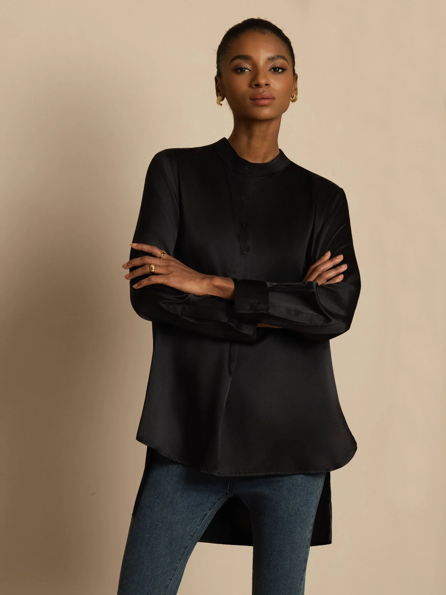 19Momme Silk Women’s  Stand Collar High-Low Blouse With Button Detail - Image 20