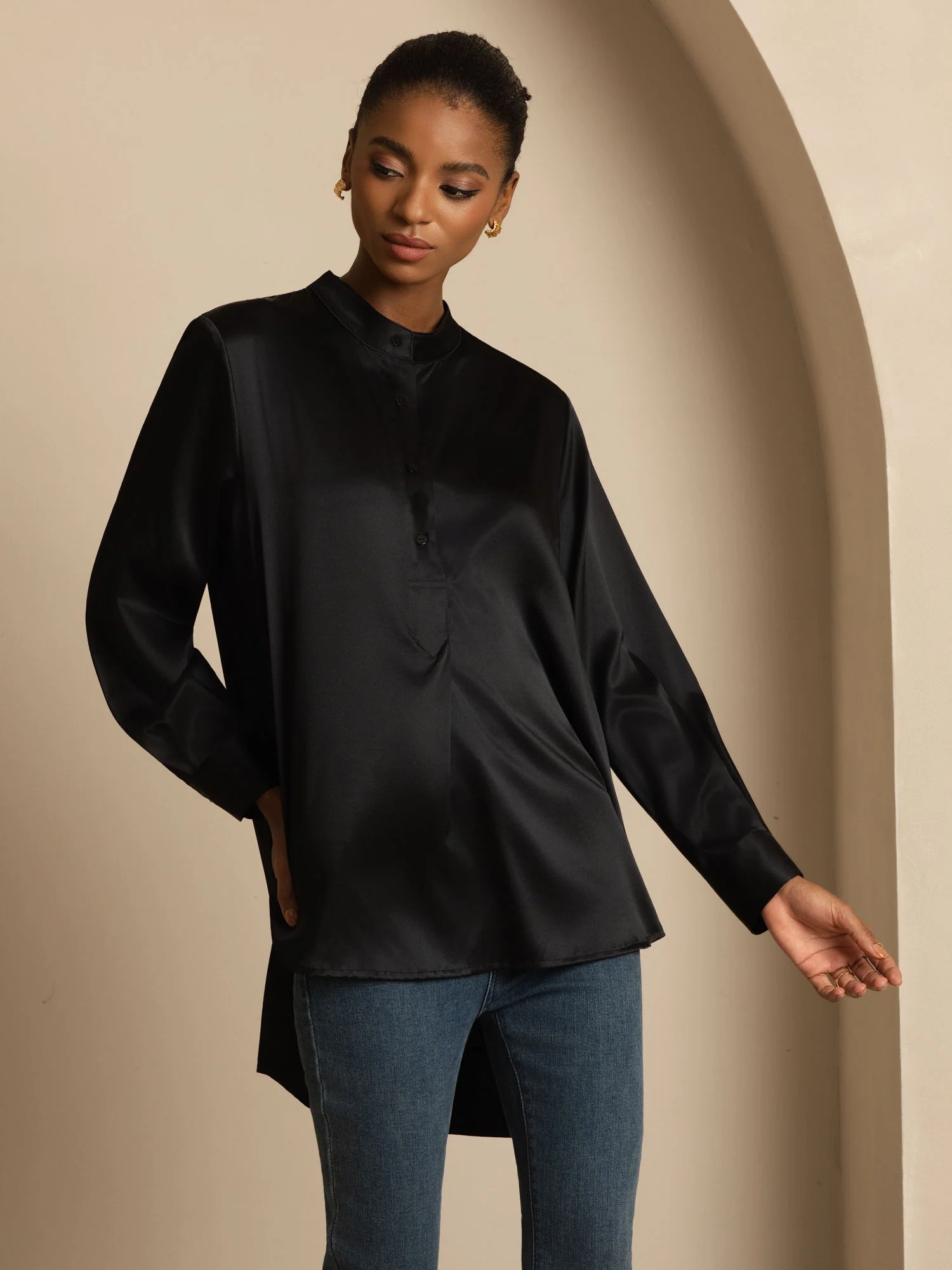 19Momme Silk Women’s  Stand Collar High-Low Blouse With Button Detail - Image 21